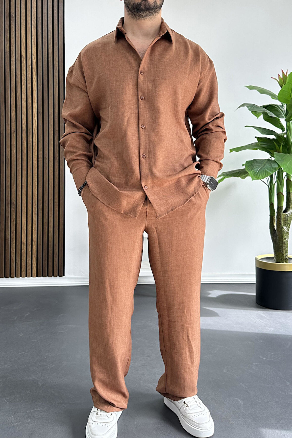 Erkek Gömlek Pantolon Takım Kahverengi Edw268