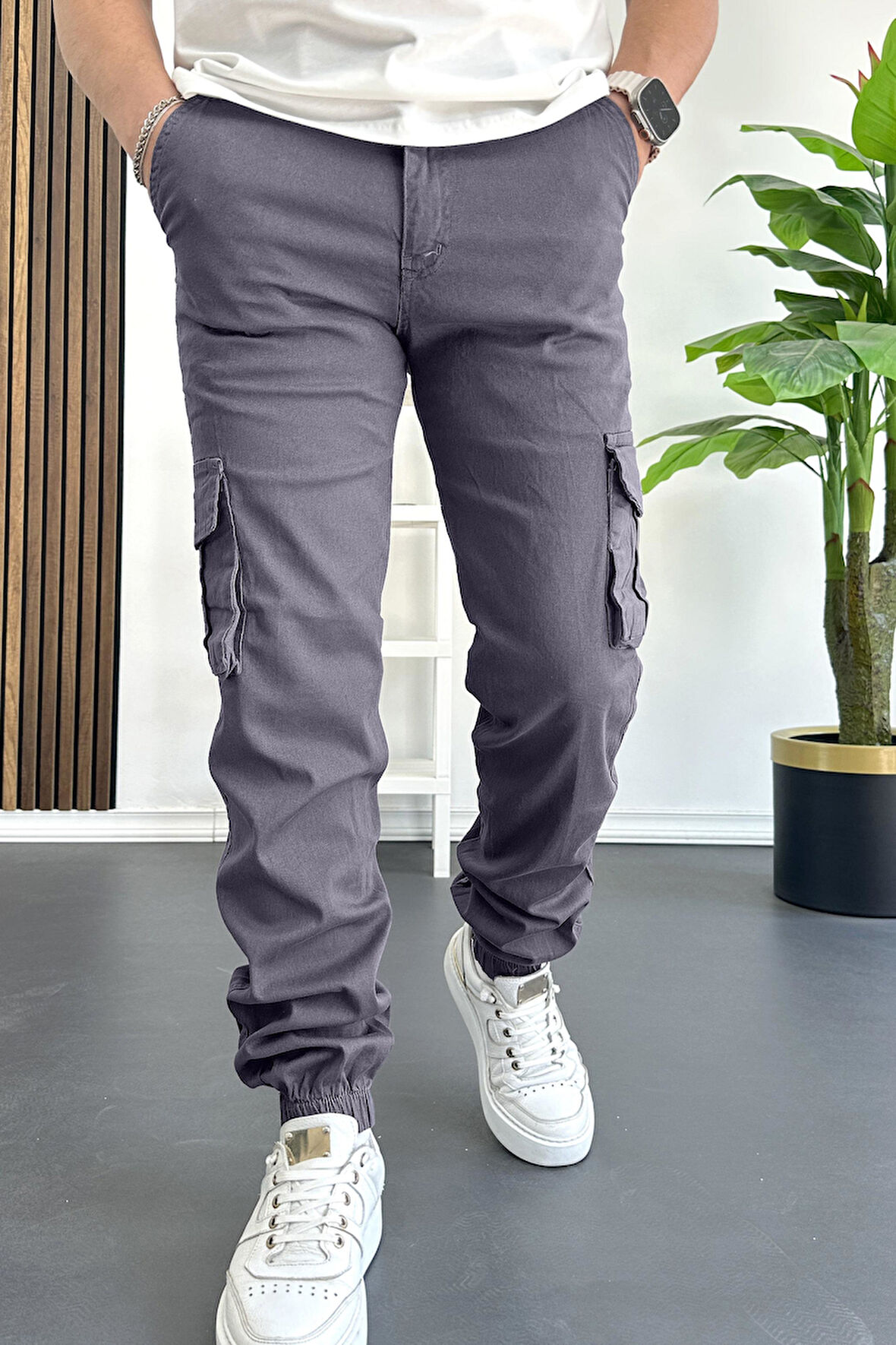 Erkek Paçası Lastikli Kargo Cepli Pantolon Füme Edw353