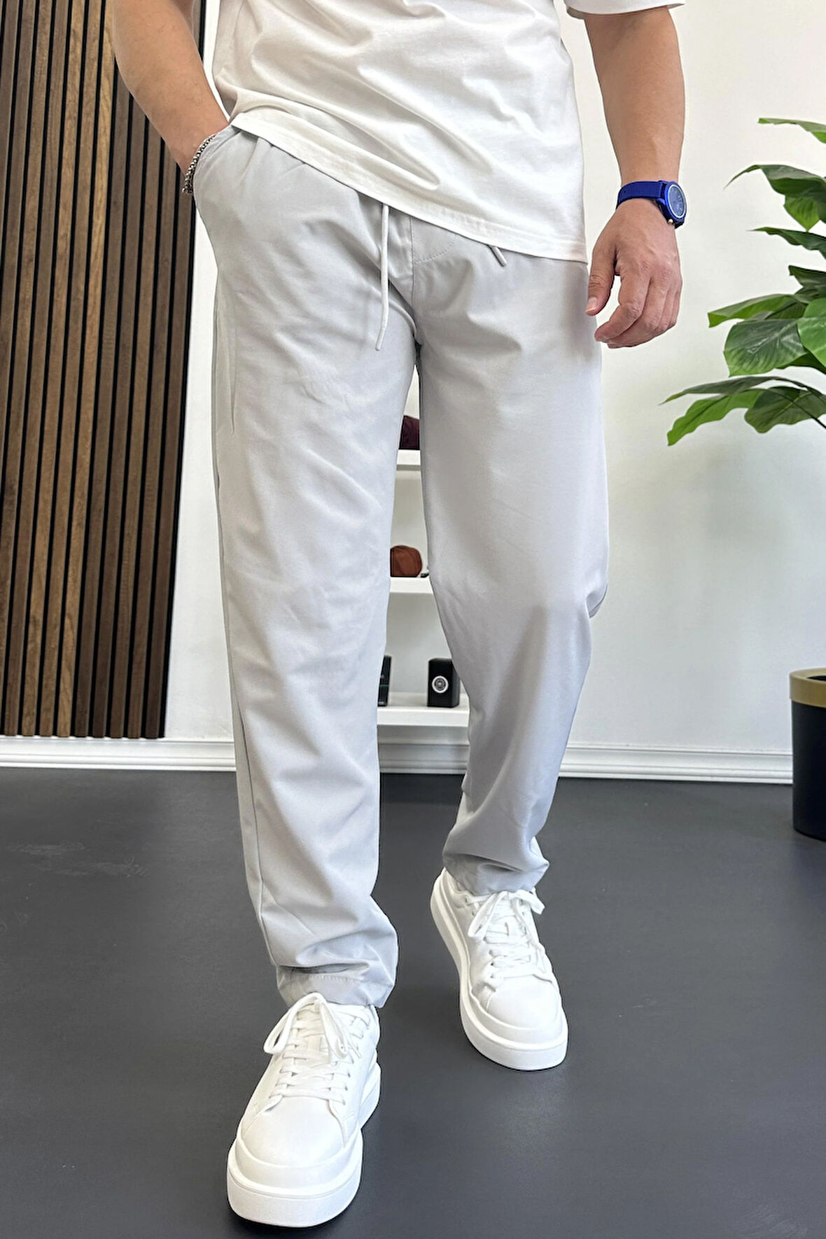 Erkek Beli Lastikli Jogger Pantolon Açık Gri Edw354