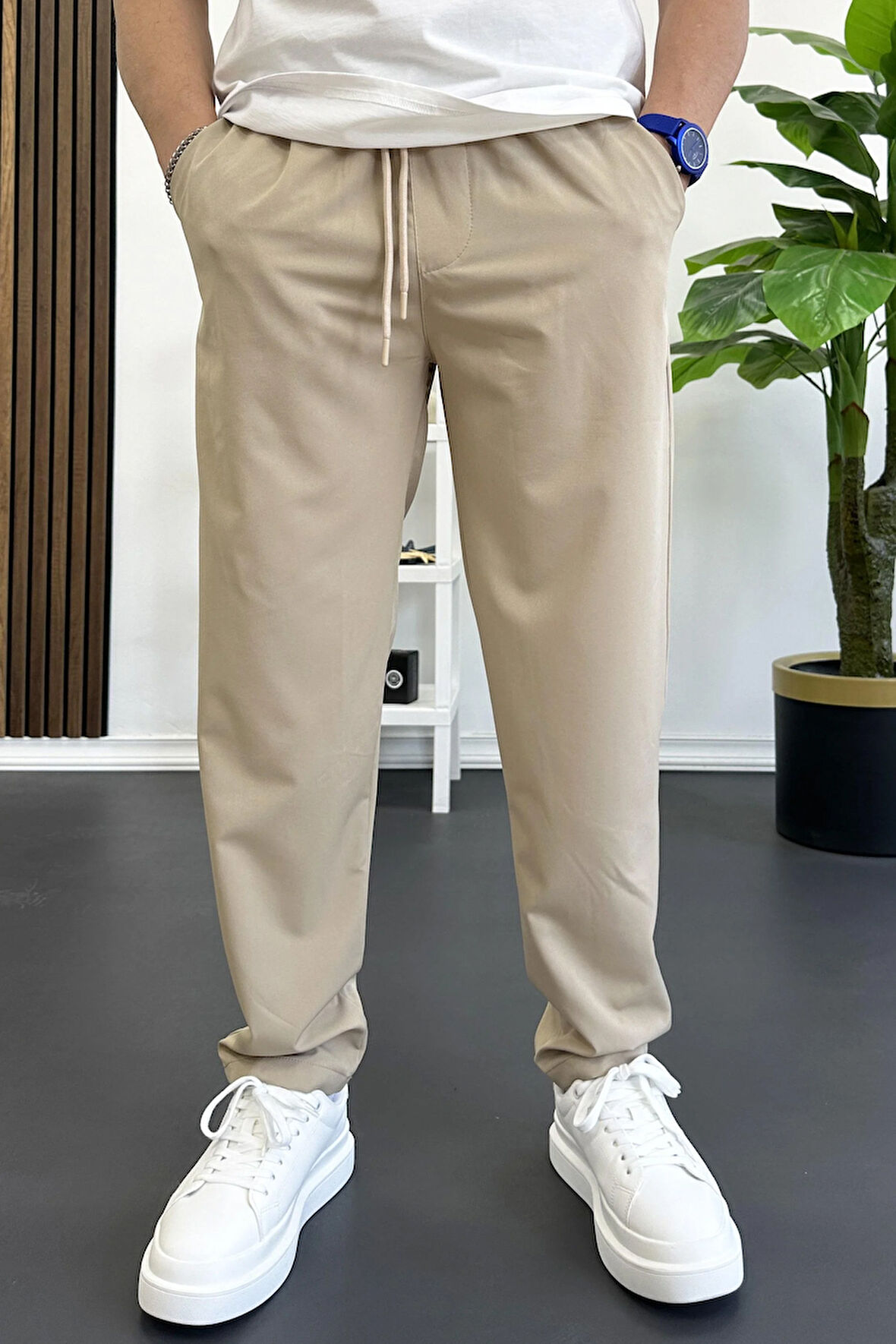 Erkek Beli Lastikli Jogger Pantolon Bej Edw354