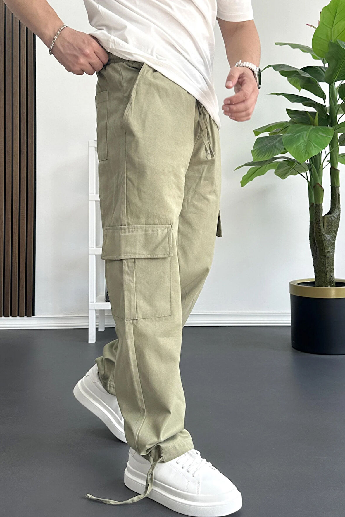Erkek Kargo Cepli Paçası Ayarlanabilir Baggy Pantolon Yeşil Edw355