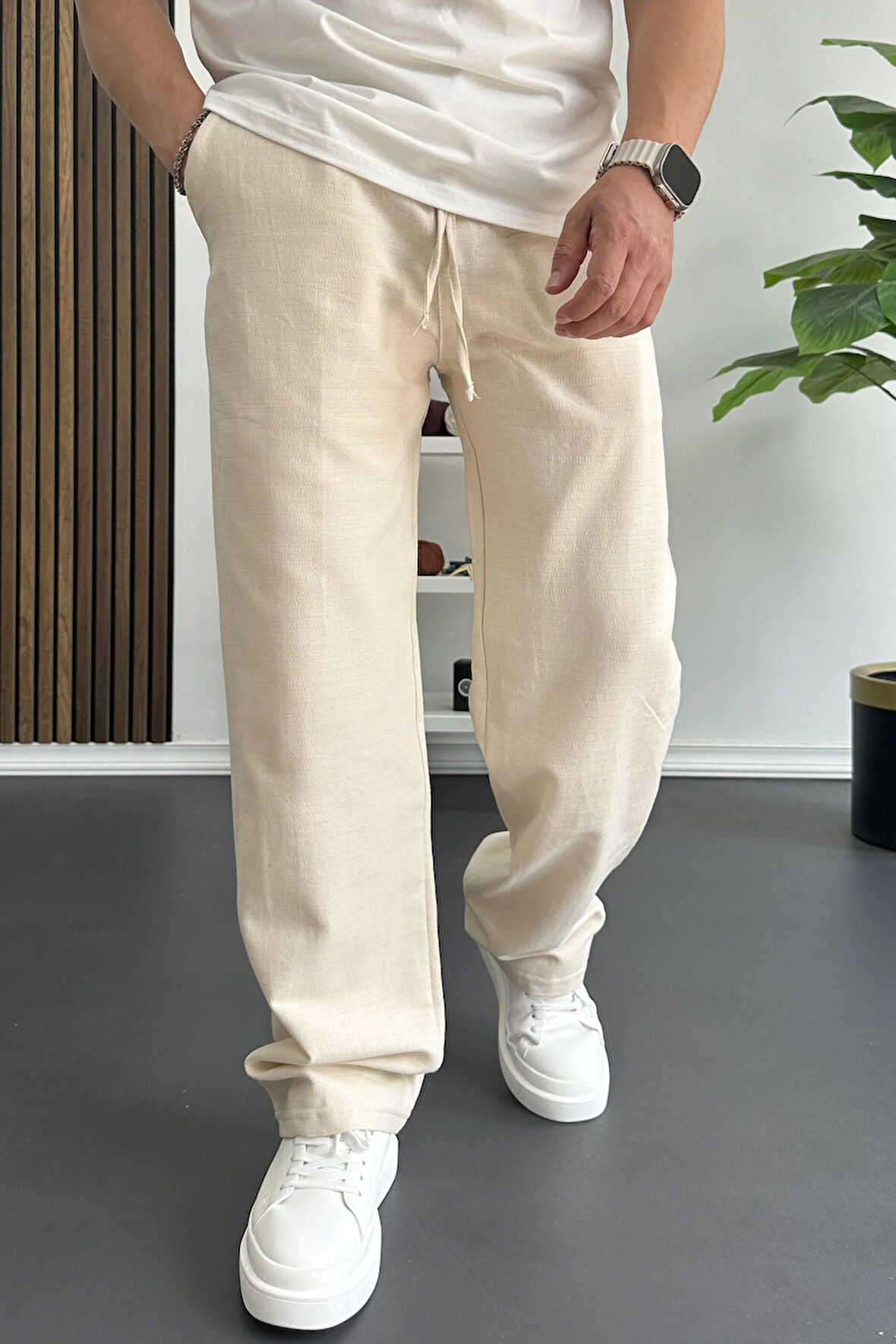 Erkek Beli Lastikli Baggy Kalıp Pantolon Krem Edw356