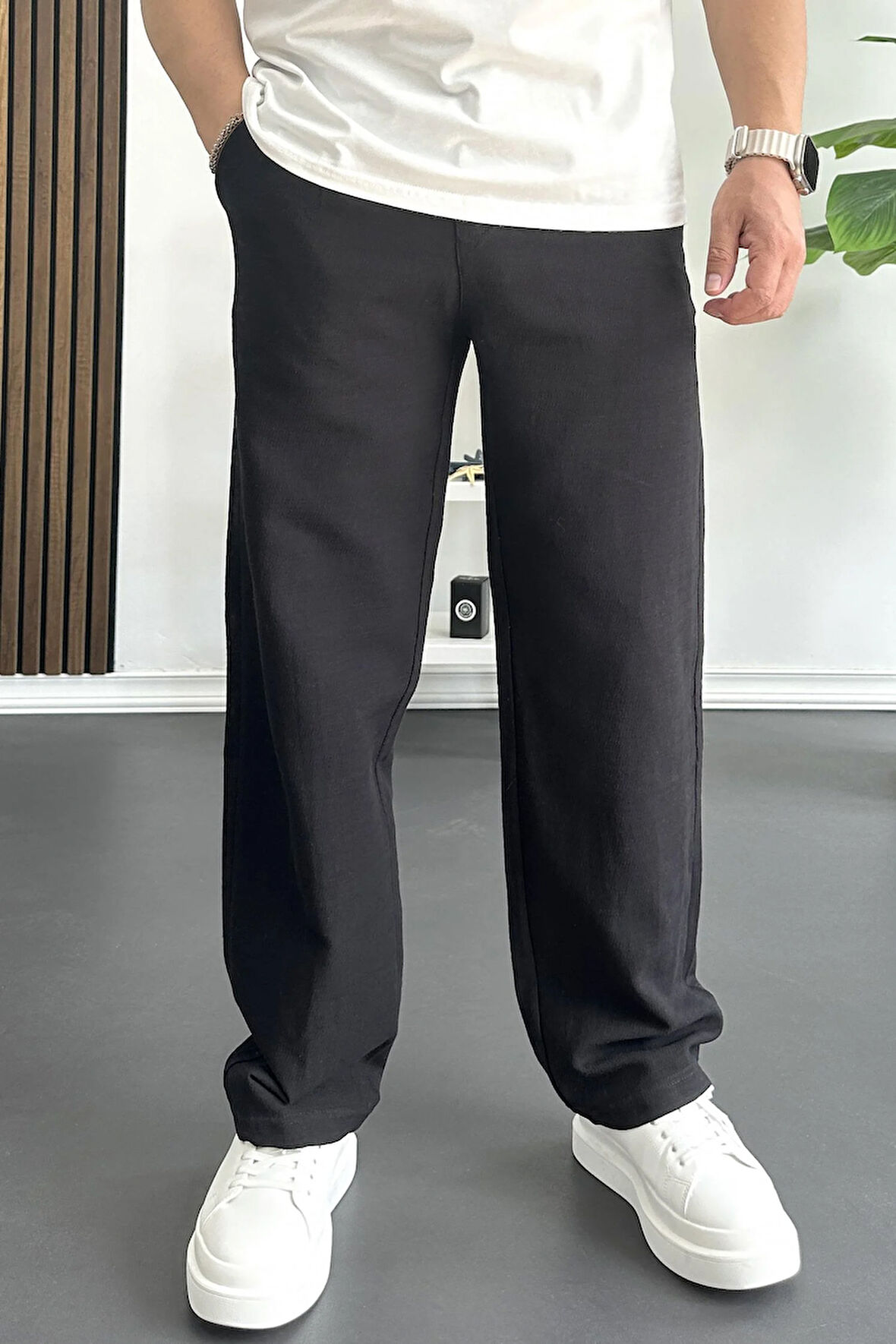 Erkek Beli Düğmeli Baggy Kalıp Pileli Pantolon Siyah Edw357