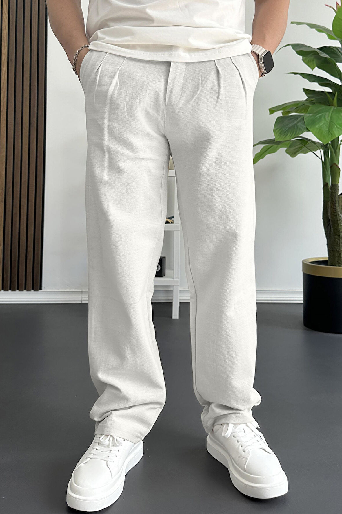 Erkek Beli Düğmeli Baggy Kalıp Pileli Pantolon Beyaz Edw357