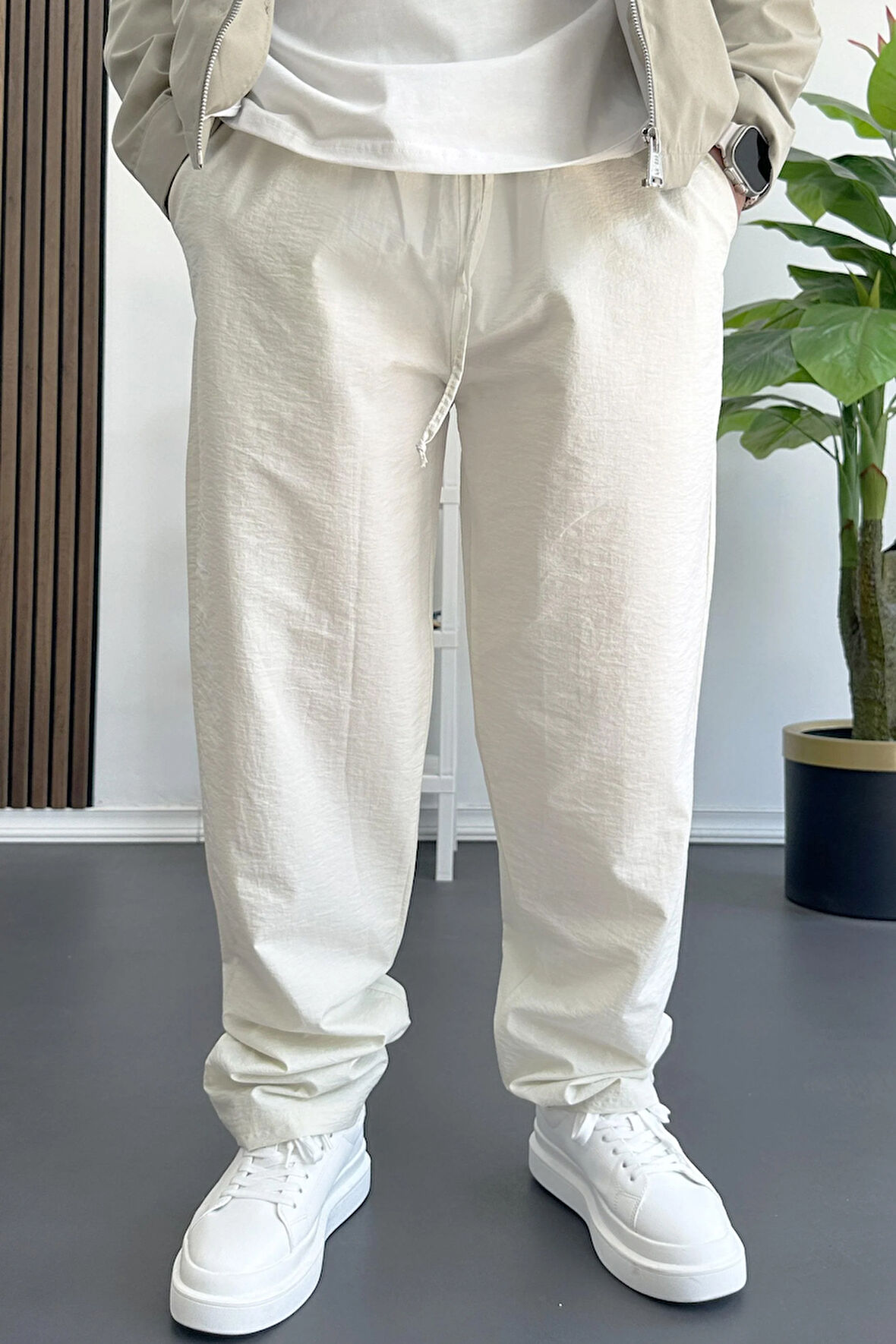 Erkek Beli Lastikli Baggy Rahat Pantolon Krem Edw359