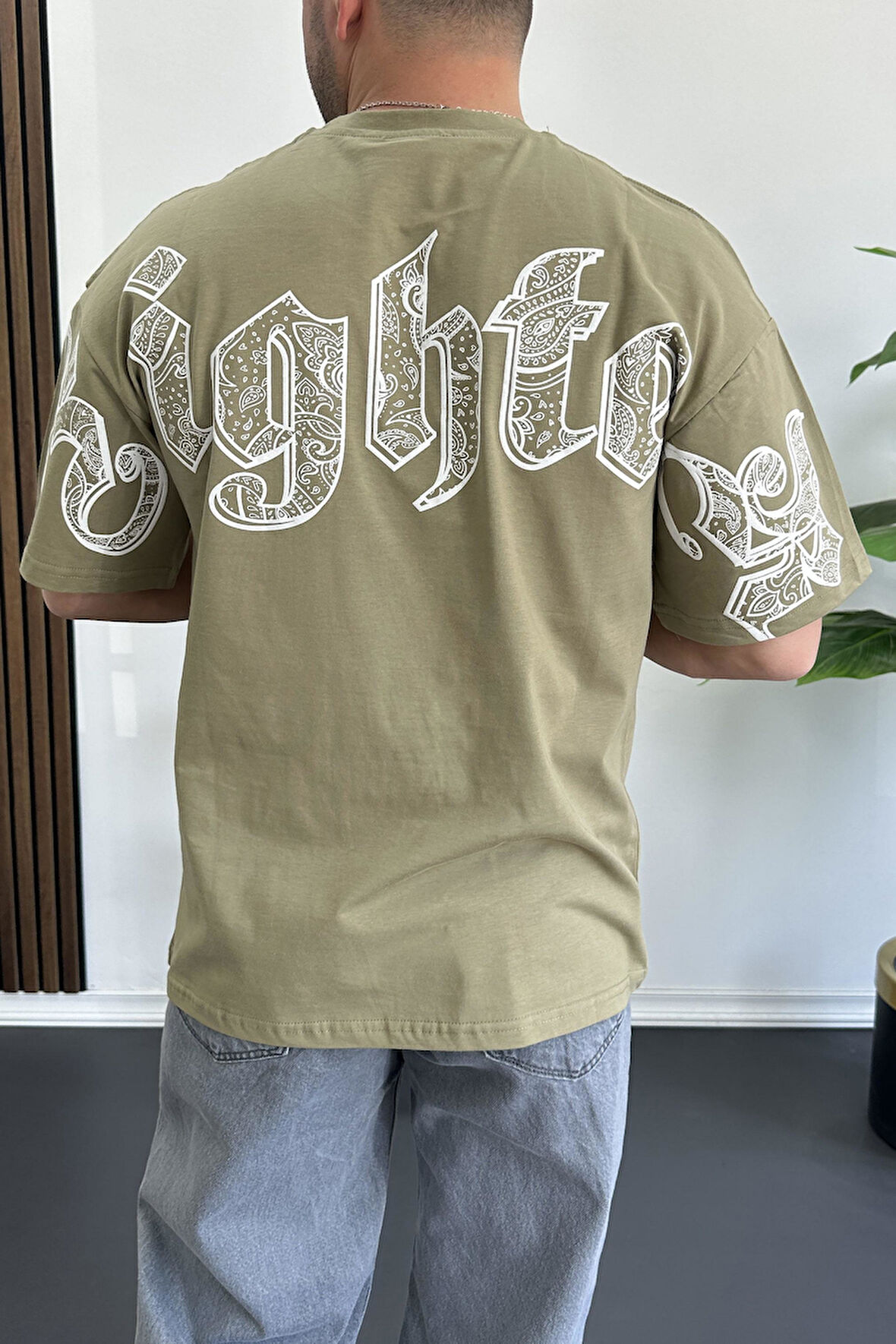 Erkek Oversize Ön ve Arka Kabartmalı Fighter Baskılı Tişört Yeşil Edw367