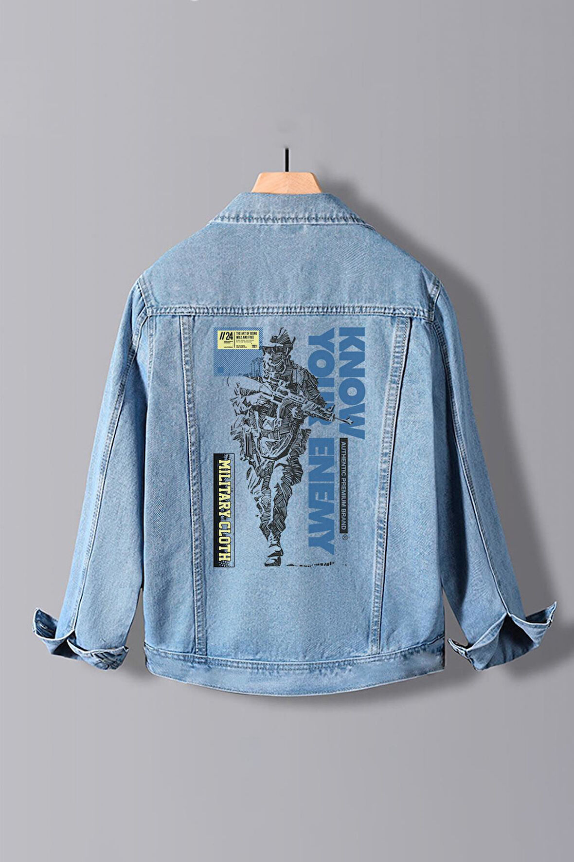 Erkek Slim Fit Sırt Baskılı Denim Kot Ceket Açık Mavi Edw371