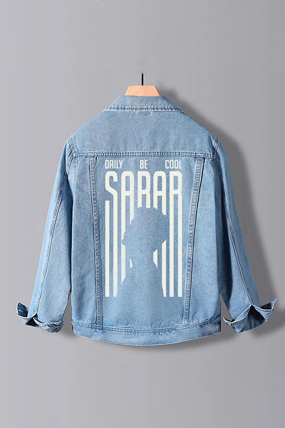 Erkek Slim Fit Sırt Baskılı Denim Kot Ceket Açık Mavi Edw372