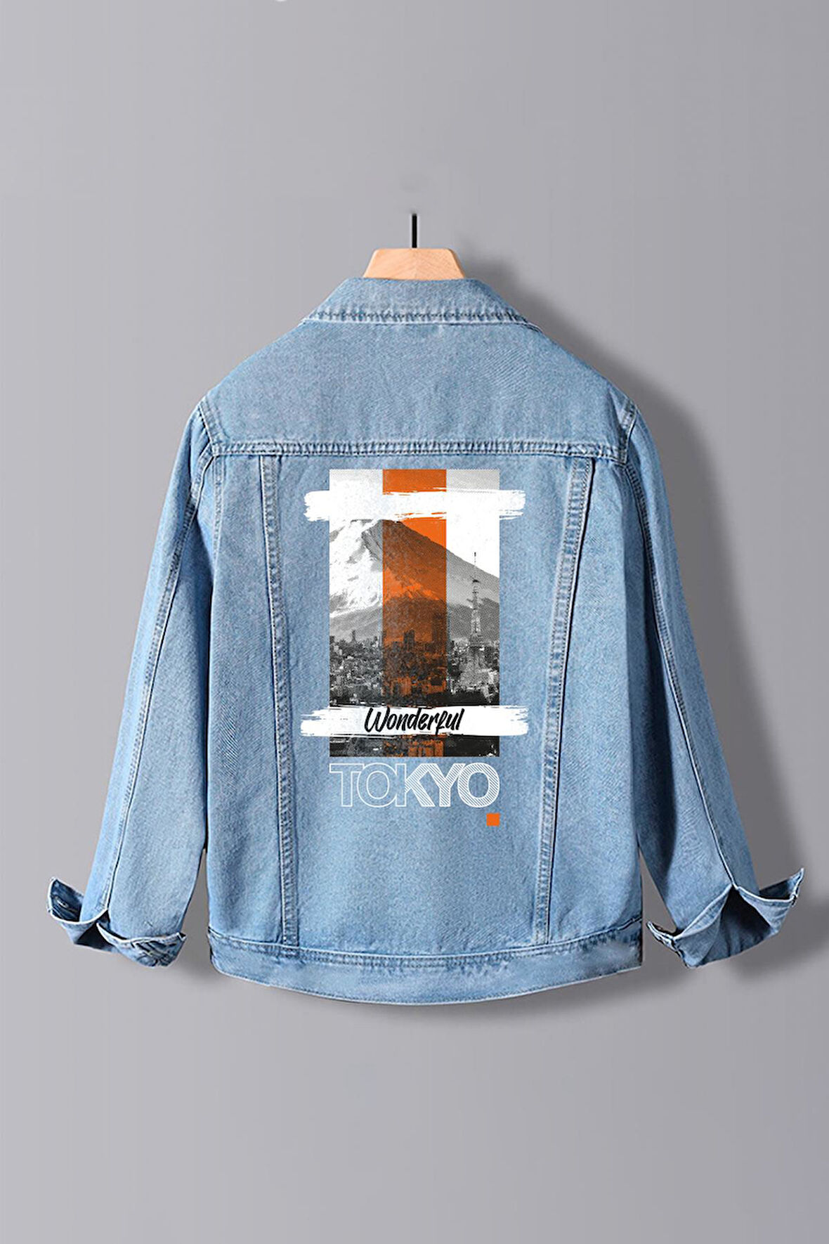 Erkek Slim Fit Sırt Baskılı Denim Kot Ceket Açık Mavi Edw375