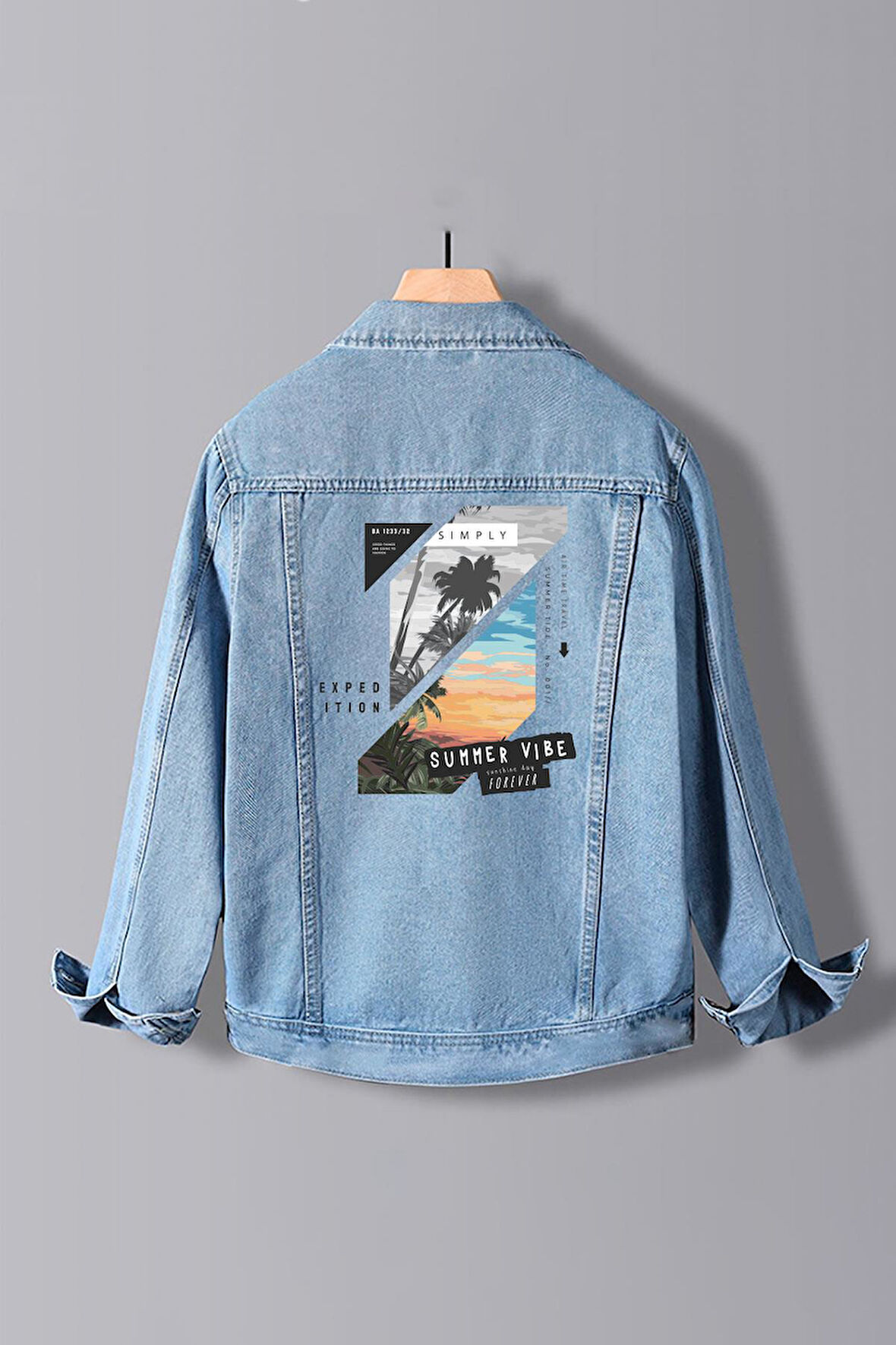 Erkek Slim Fit Sırt Baskılı Denim Kot Ceket Açık Mavi Edw377