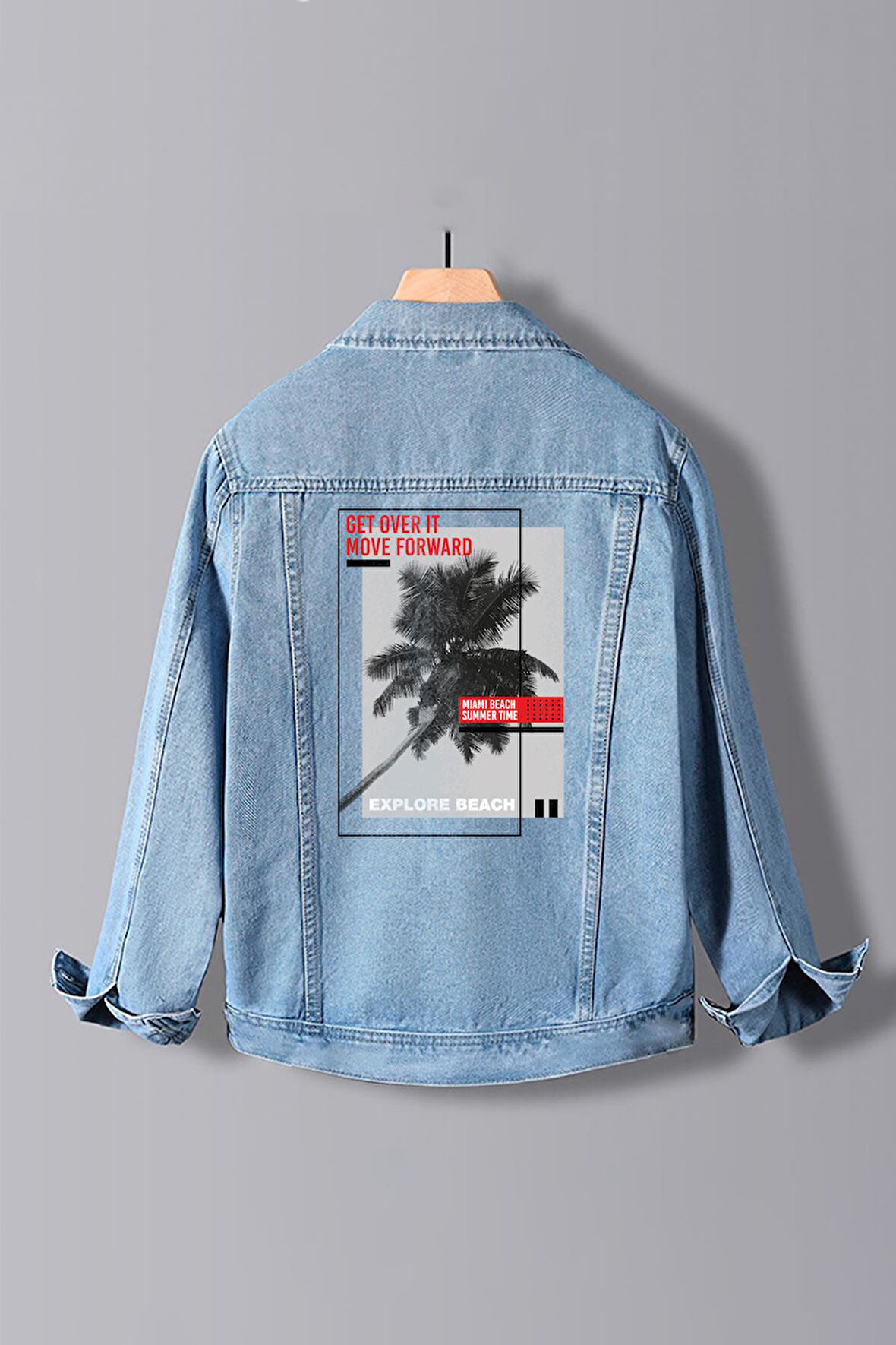 Erkek Slim Fit Sırt Baskılı Denim Kot Ceket Açık Mavi Edw378