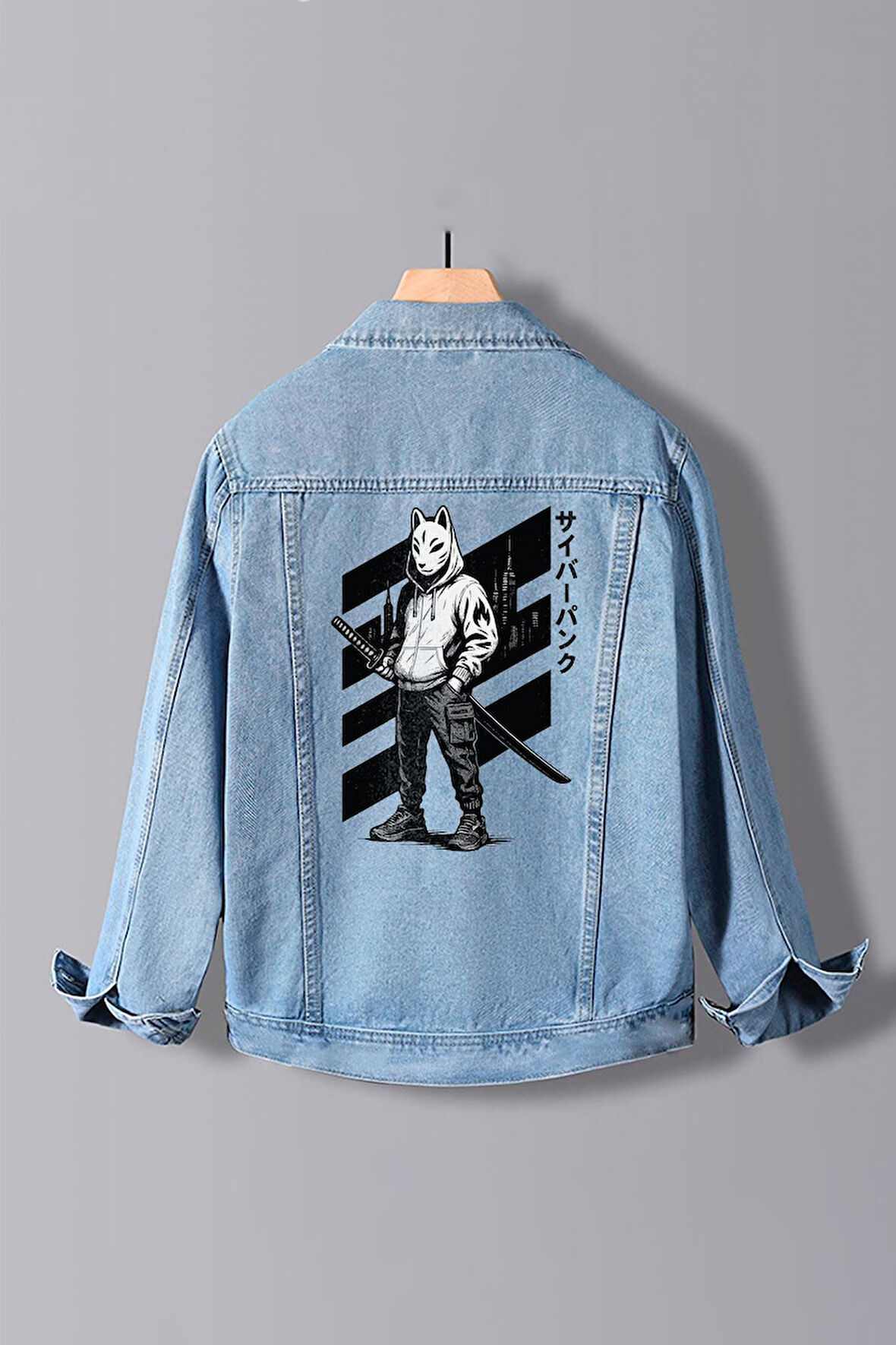 Erkek Slim Fit Sırt Baskılı Denim Kot Ceket Açık Mavi Edw380