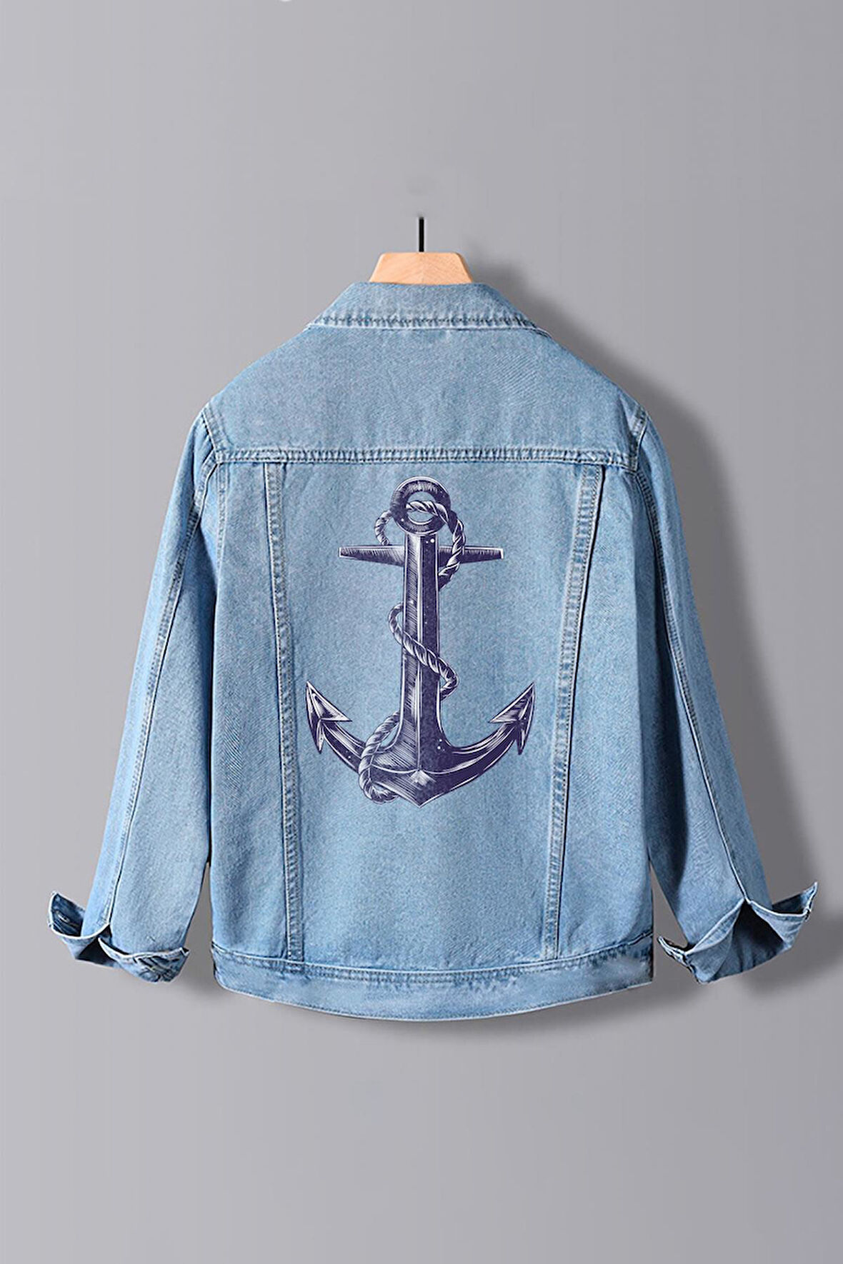 Erkek Slim Fit Sırt Baskılı Denim Kot Ceket Açık Mavi Edw382