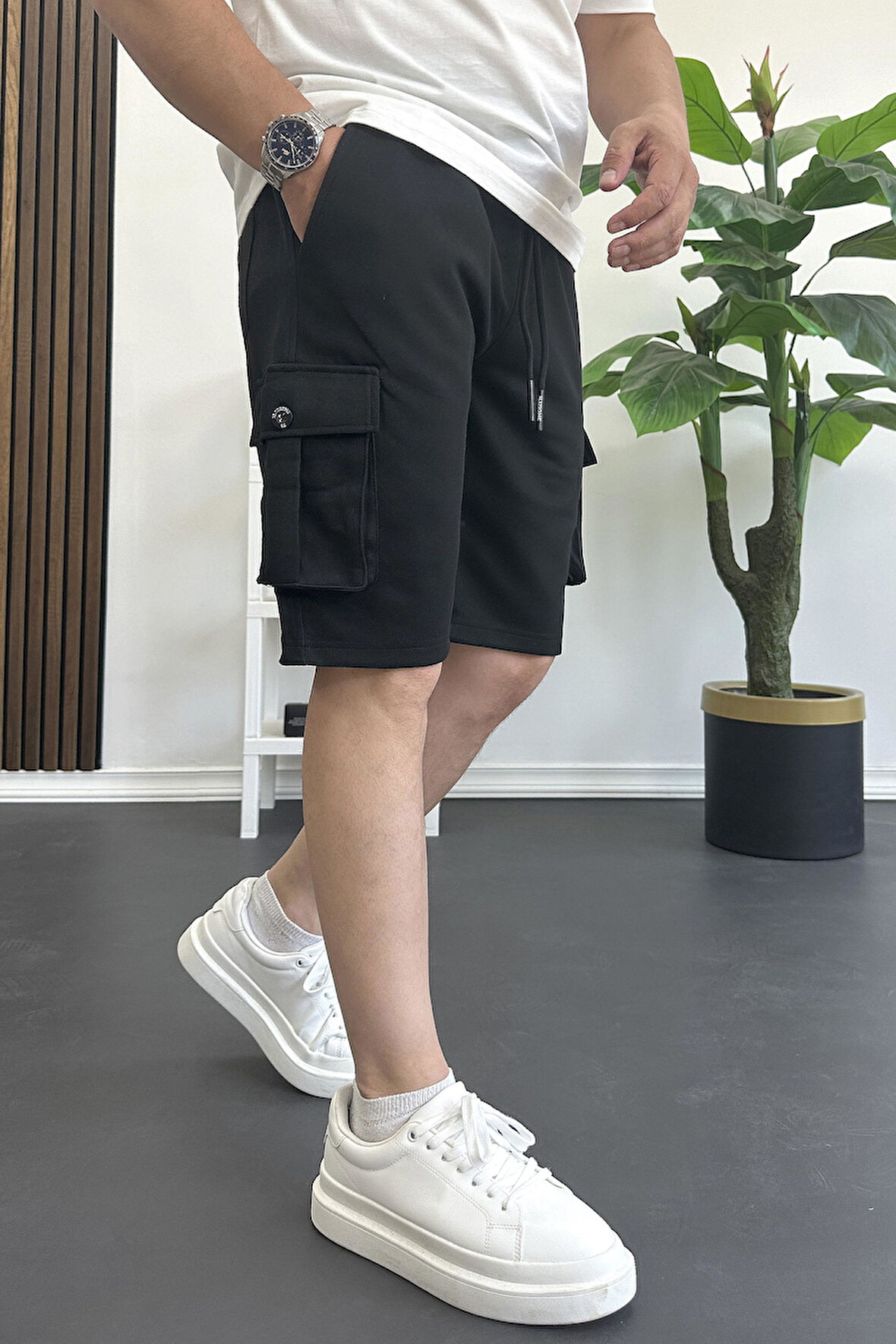Erkek Beli Lastikli Cepli Şort Siyah Edw388