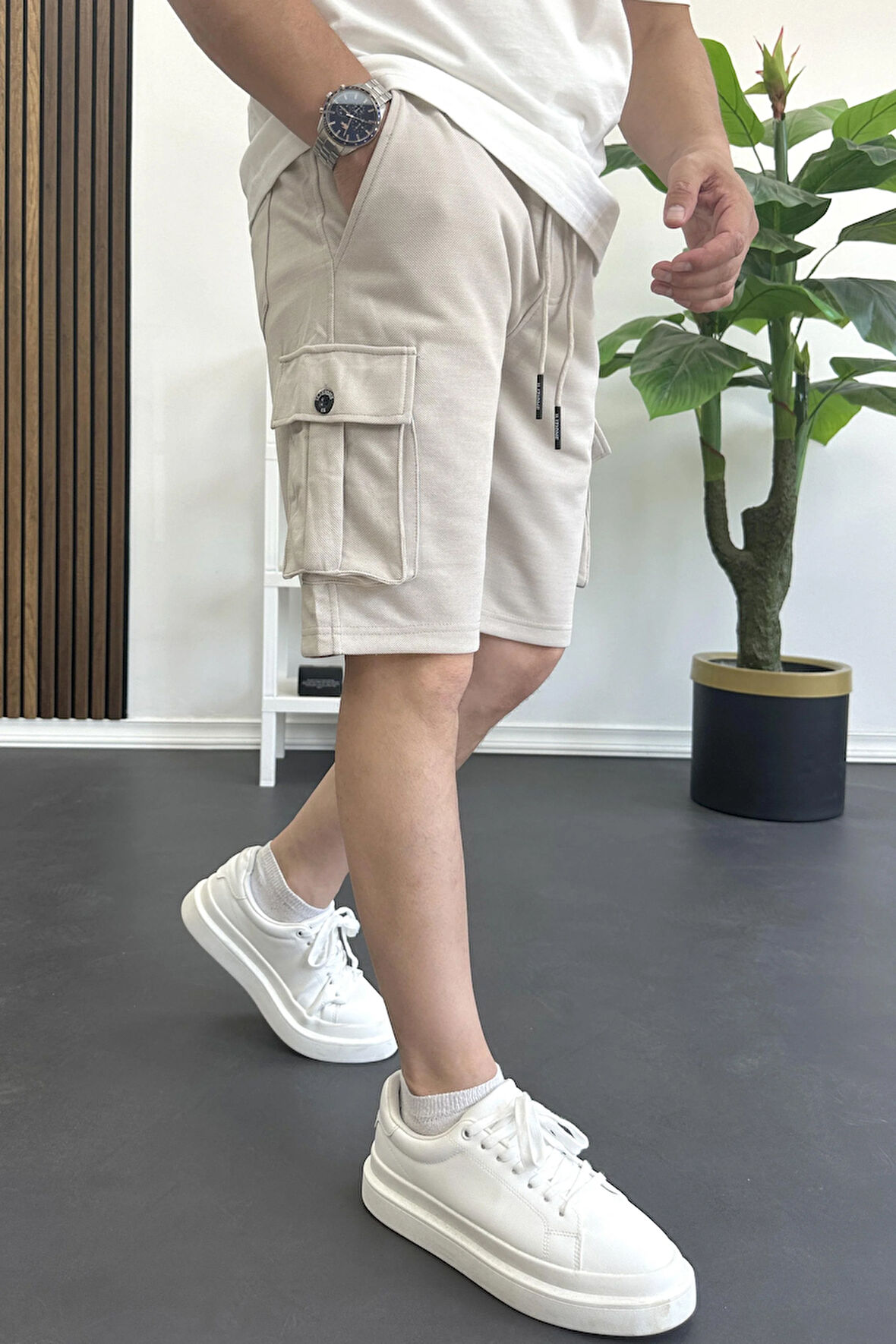 Erkek Beli Lastikli Cepli Şort Krem Edw388