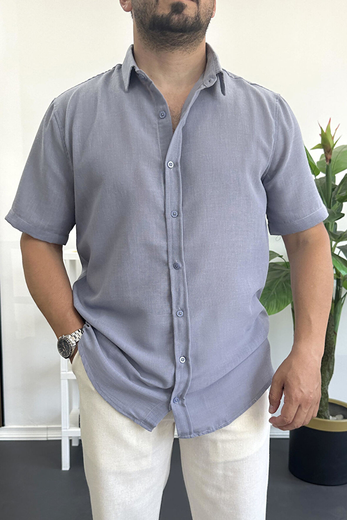 Erkek Kısa Kollu Keten Görünümlü Gömlek Mavi Edw389