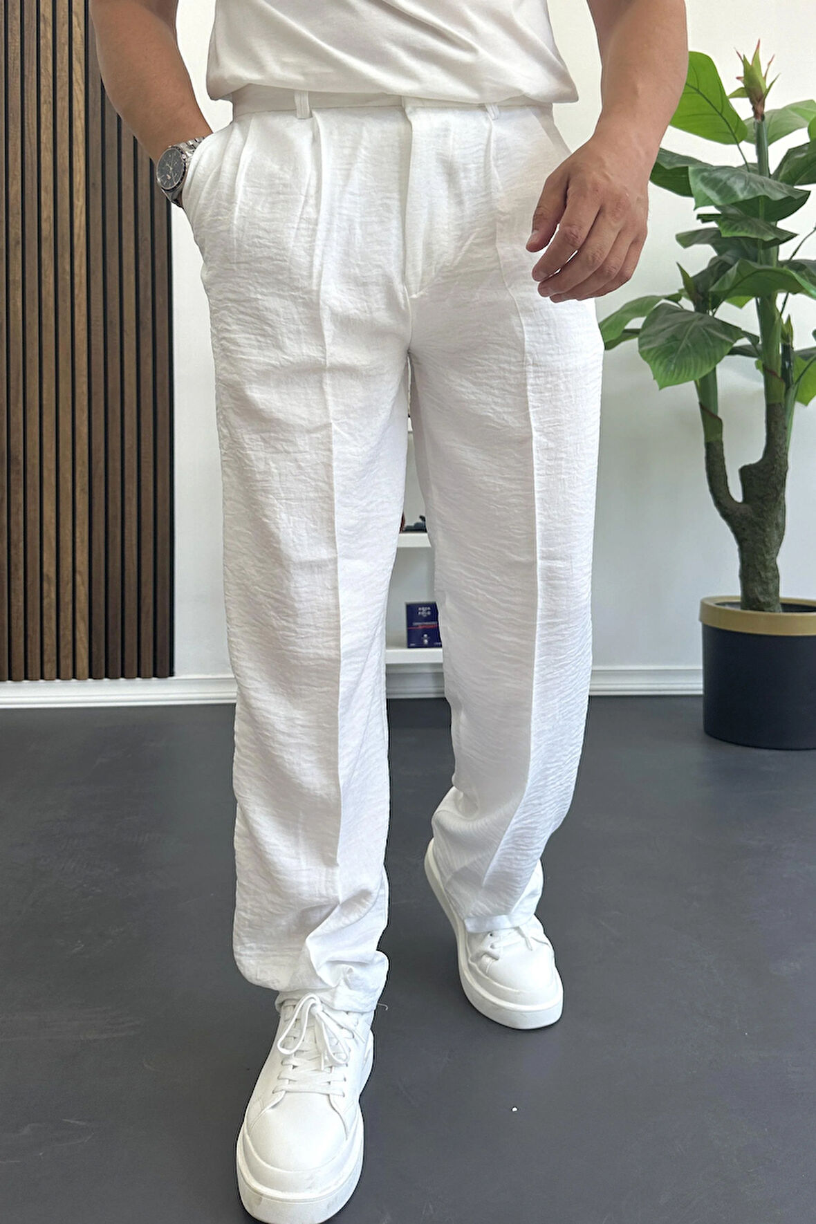 Erkek Beli Düğmeli Rahat Kalıp Yazlık Pantolon Beyaz Edw393