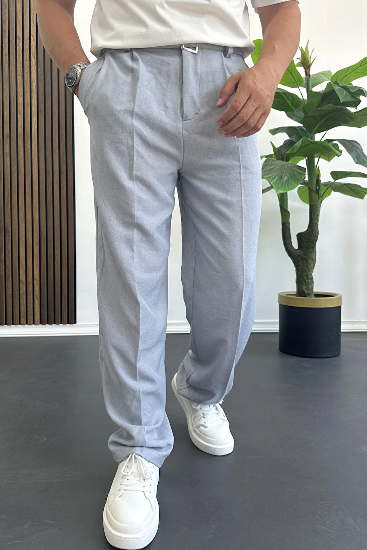 Erkek Beli Düğmeli Rahat Kalıp Yazlık Pantolon Mavi Edw393