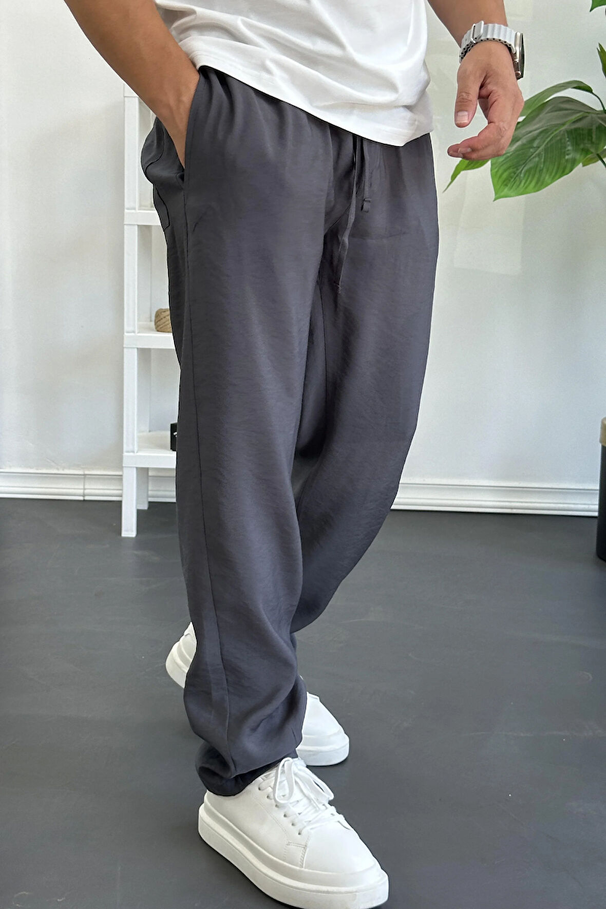 Erkek Beli Lastikli Modal Kumaş Rahat Kesim Pantolon Füme Edw396