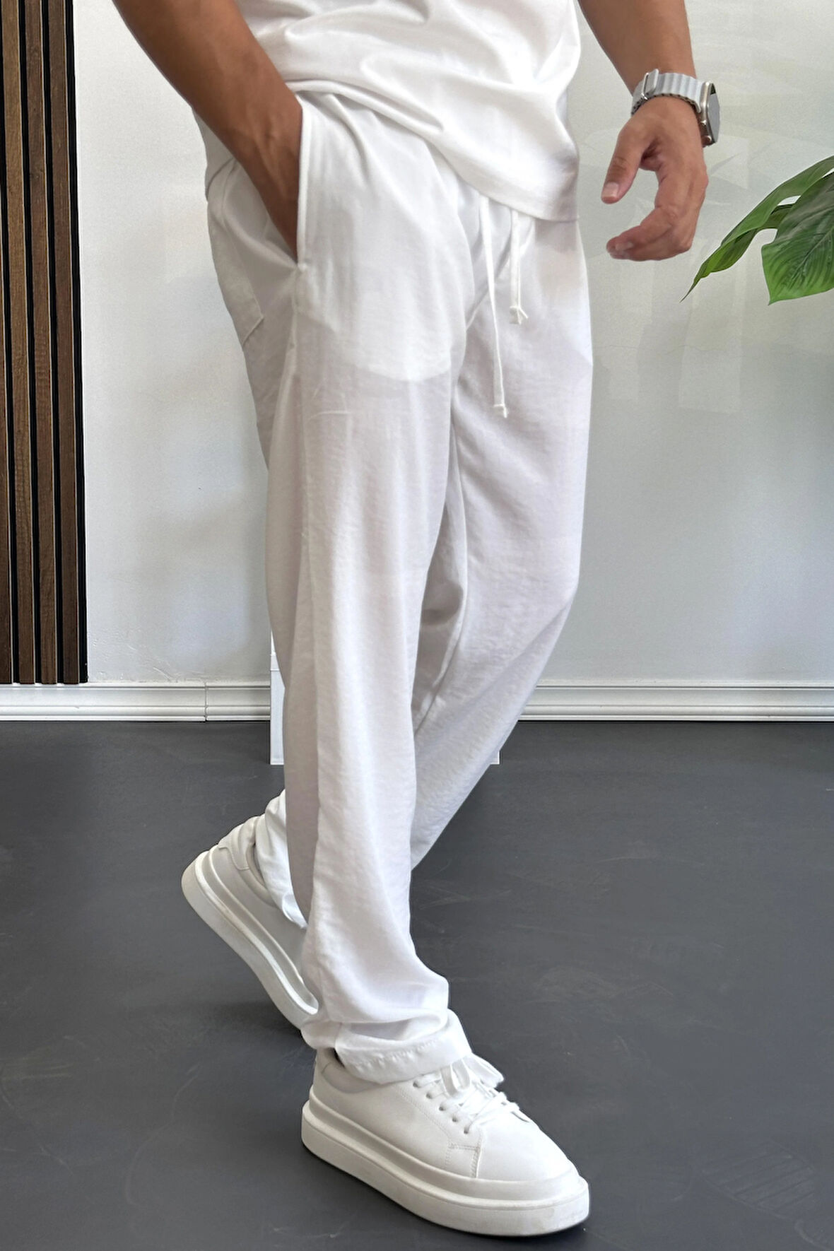 Erkek Beli Lastikli Modal Kumaş Rahat Kesim Pantolon Beyaz Edw396