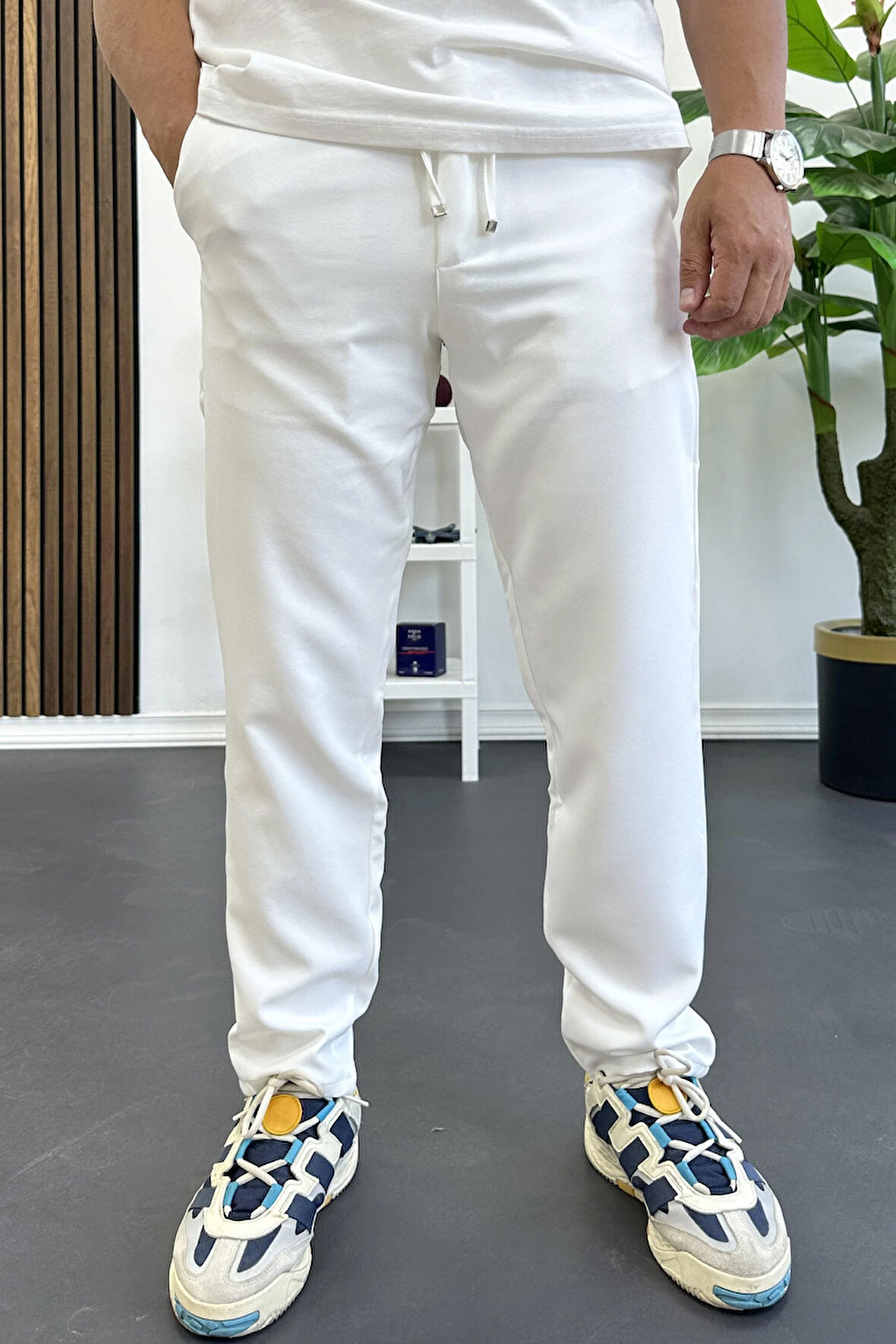 Erkek Slim Fit Beli İpli Düğmeli Pantolon Beyaz Edw403