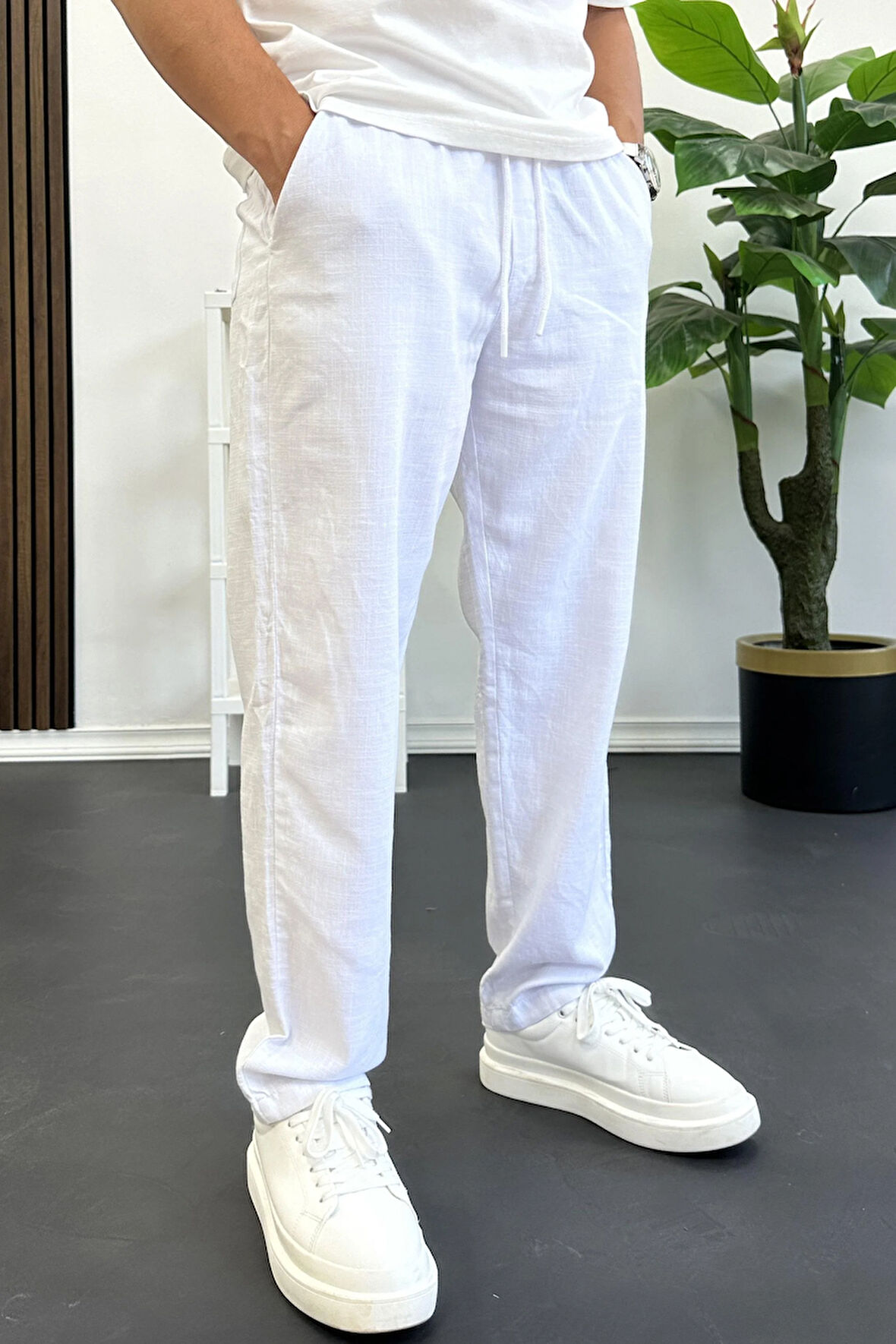 Erkek Rahat Kalıp Keten Görünümlü Pamuklu Beli Lastikli Pantolon Beyaz Edw404