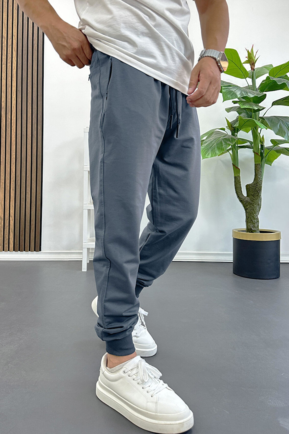 Erkek Regular Fit Dar Paça Lastik Paça Eşofman Altı Füme Edw406