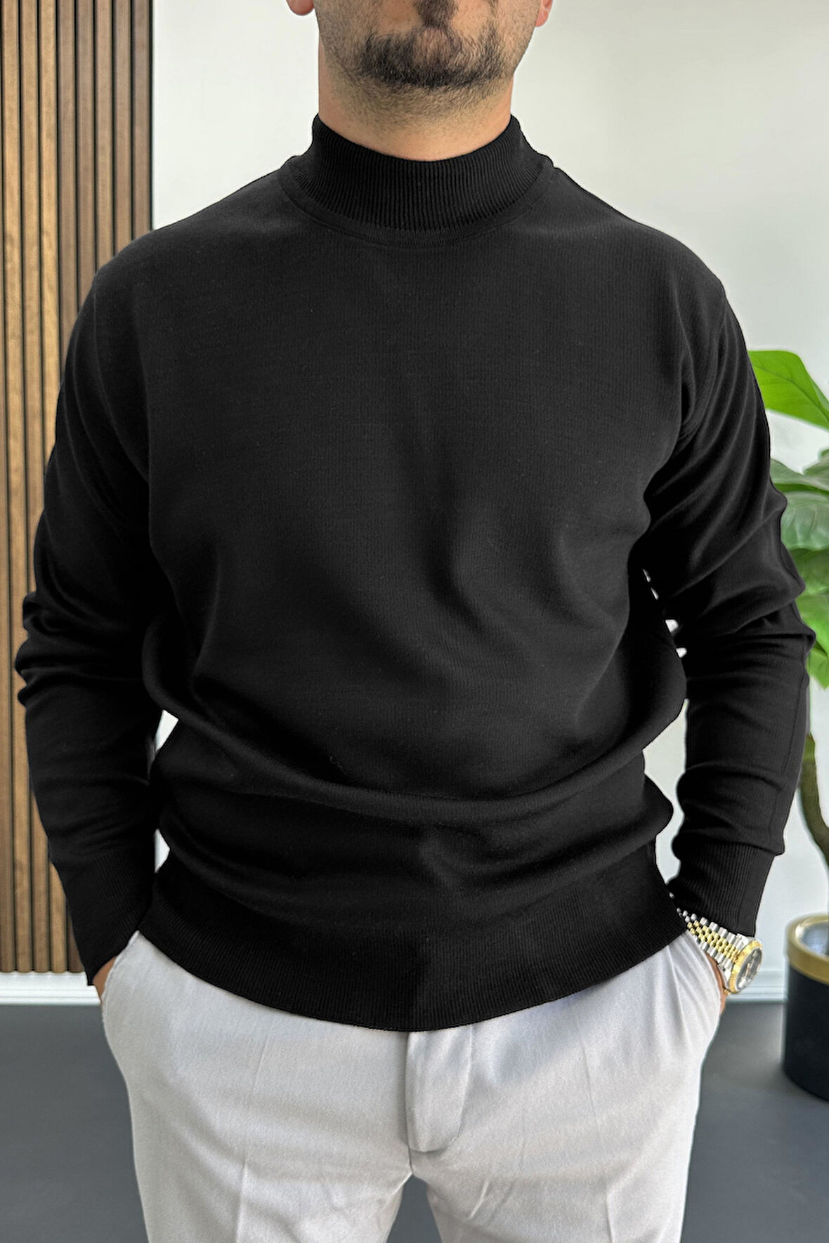 Erkek Yarım Balıkçı Normal Kalıp Kazak Siyah Edw409