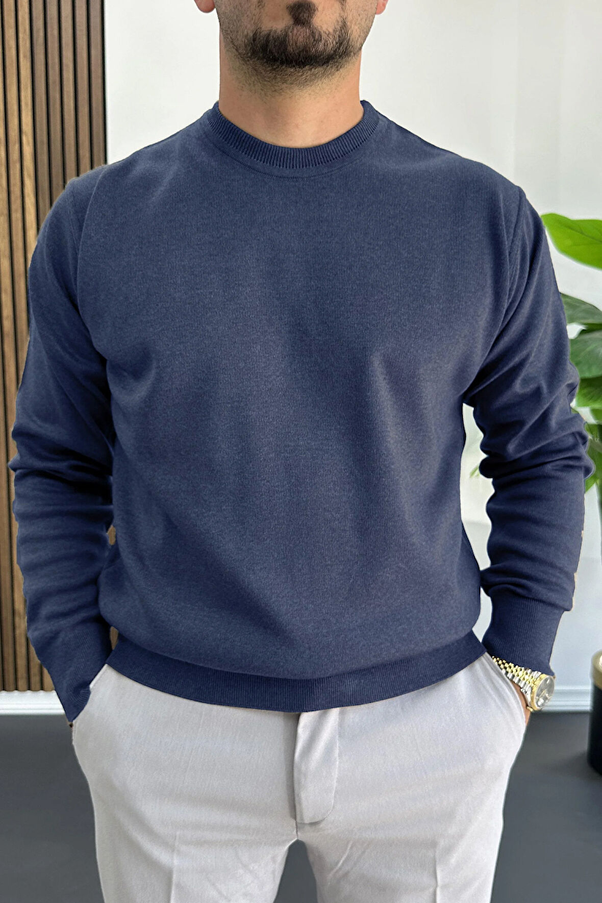 Erkek Bisiklet Yaka Normal Kalıp Kazak İndigo Edw410