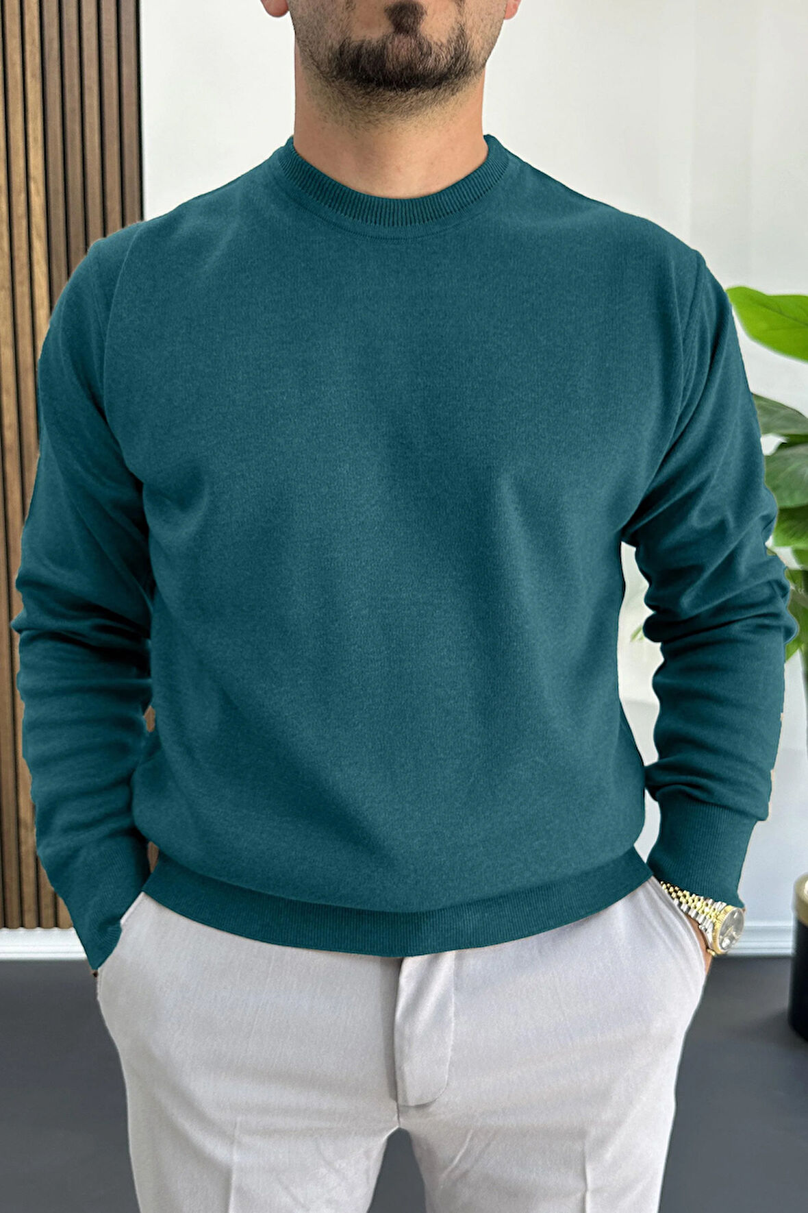 Erkek Bisiklet Yaka Normal Kalıp Kazak Petrol Edw410