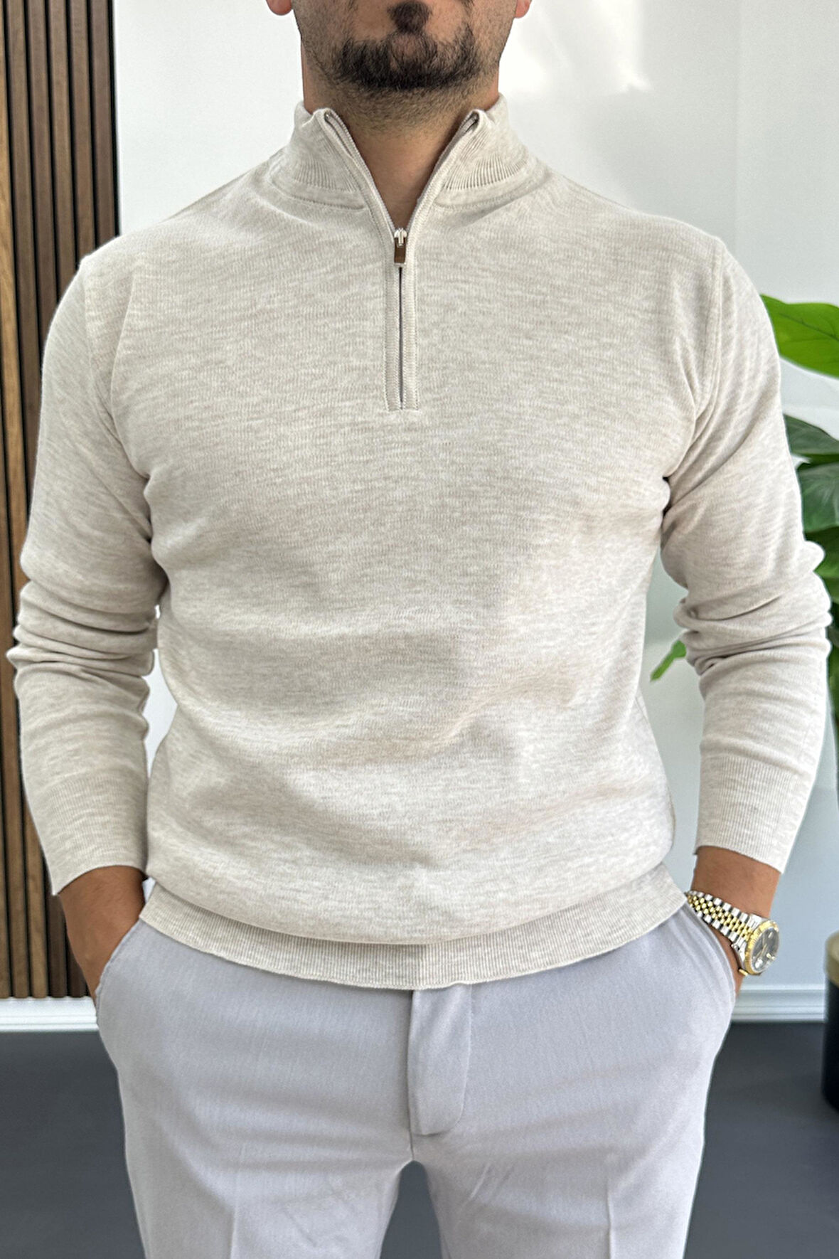 Erkek Yarım Fermuarlı Normal Kalıp Kazak Krem Edw411