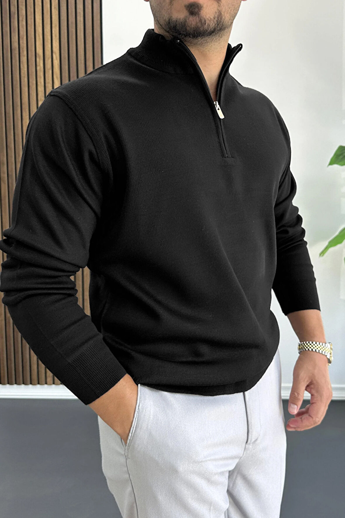 Erkek Yarım Fermuarlı Normal Kalıp Kazak Siyah Edw411