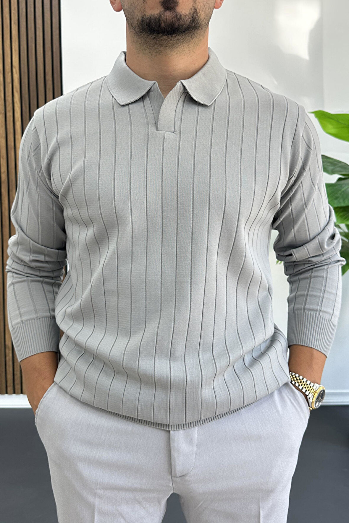 Erkek Açık Yaka Normal Kalıp Kazak Gri Edw412