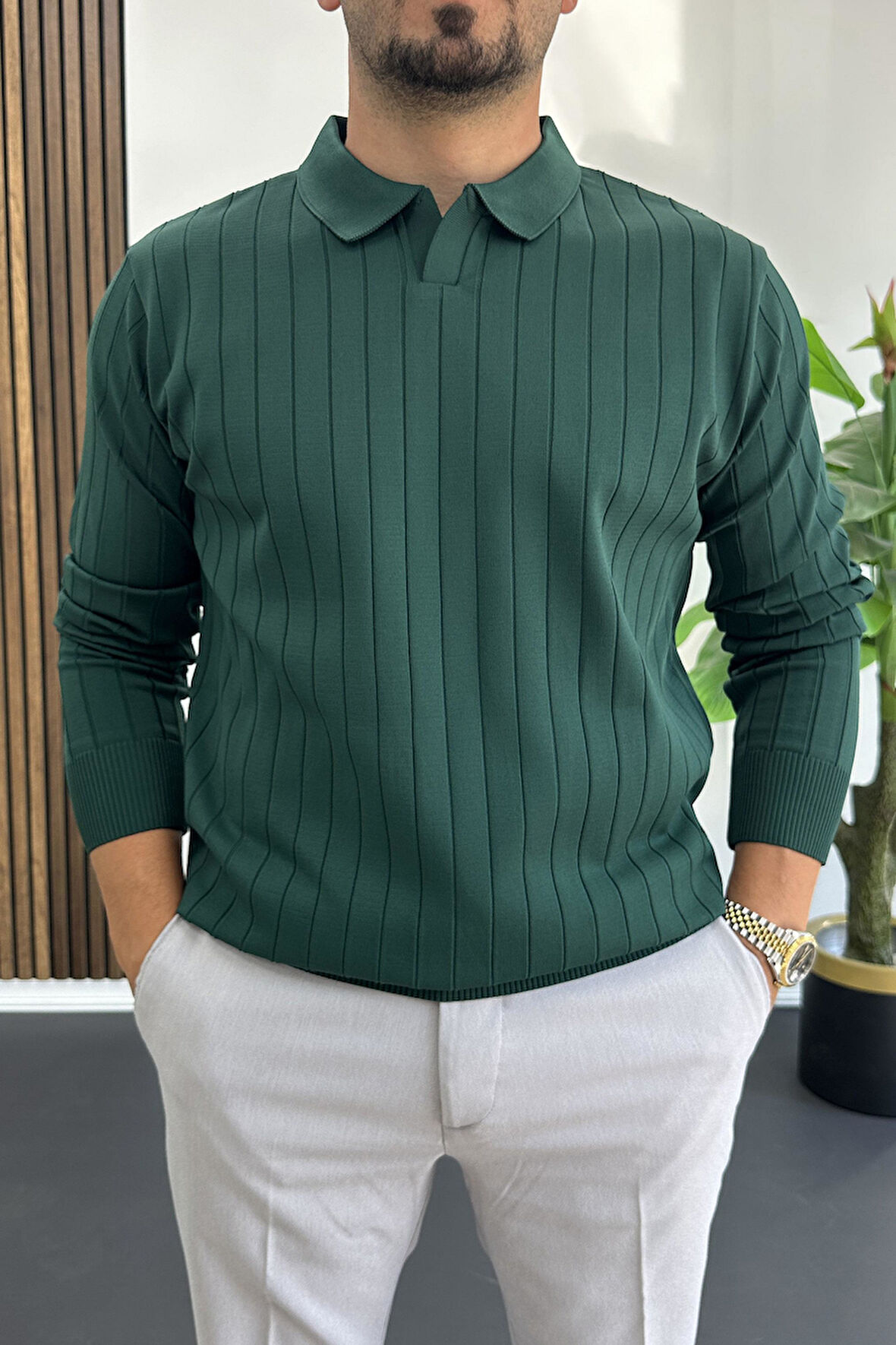 Erkek Açık Yaka Normal Kalıp Kazak Yeşil Edw412