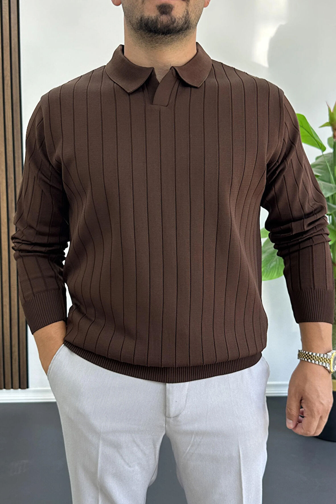 Erkek Açık Yaka Normal Kalıp Kazak Kahverengi Edw412