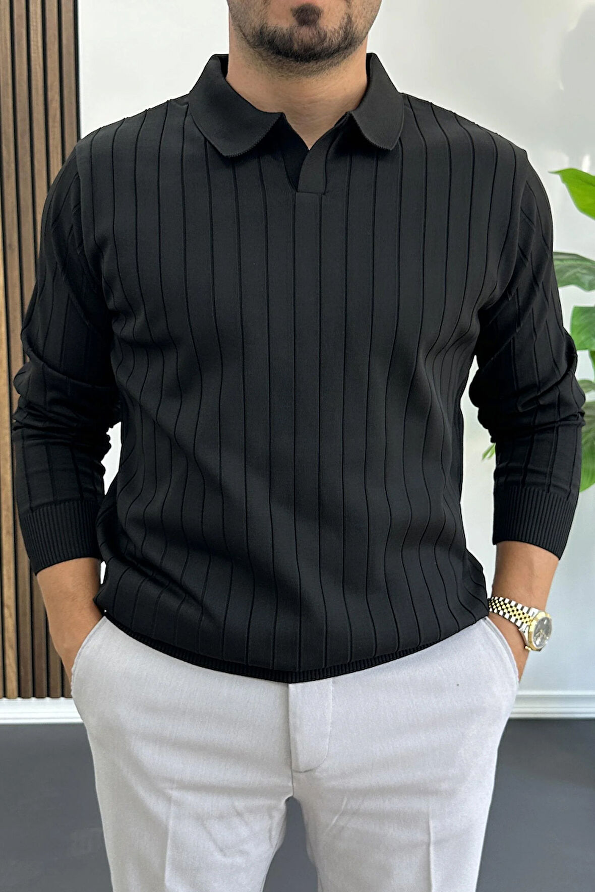 Erkek Açık Yaka Normal Kalıp Kazak Siyah Edw412