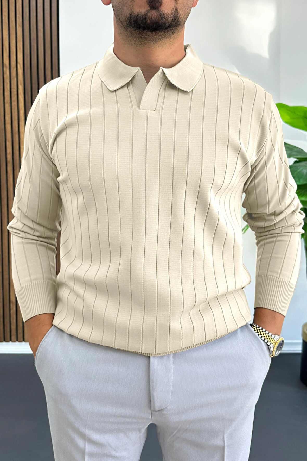 Erkek Açık Yaka Normal Kalıp Kazak Krem Edw412