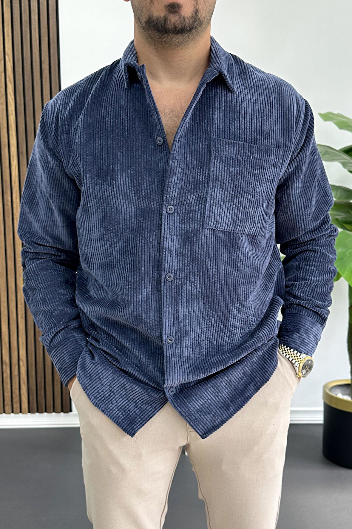 Erkek Kadife Kumaş Gömlek Mavi Edw415