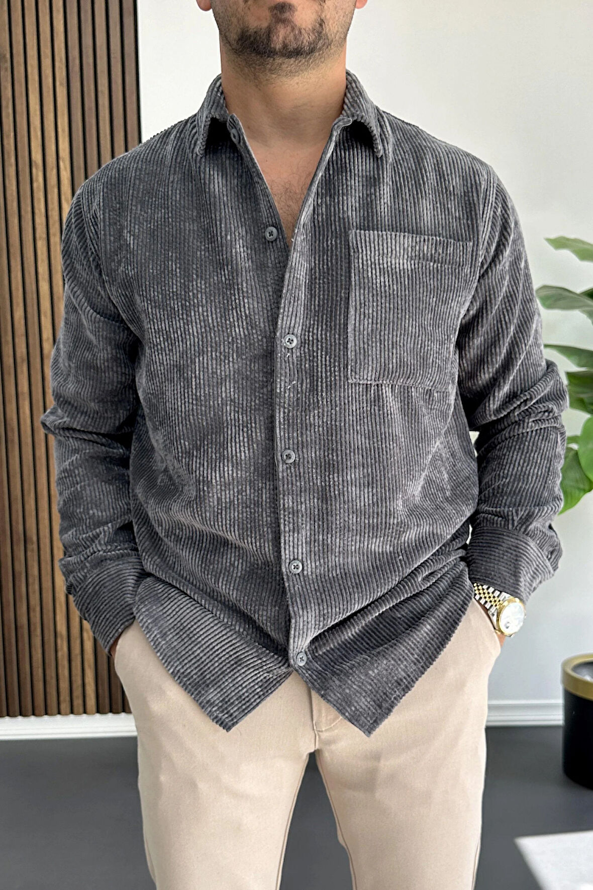 Erkek Kadife Kumaş Gömlek Füme Edw415