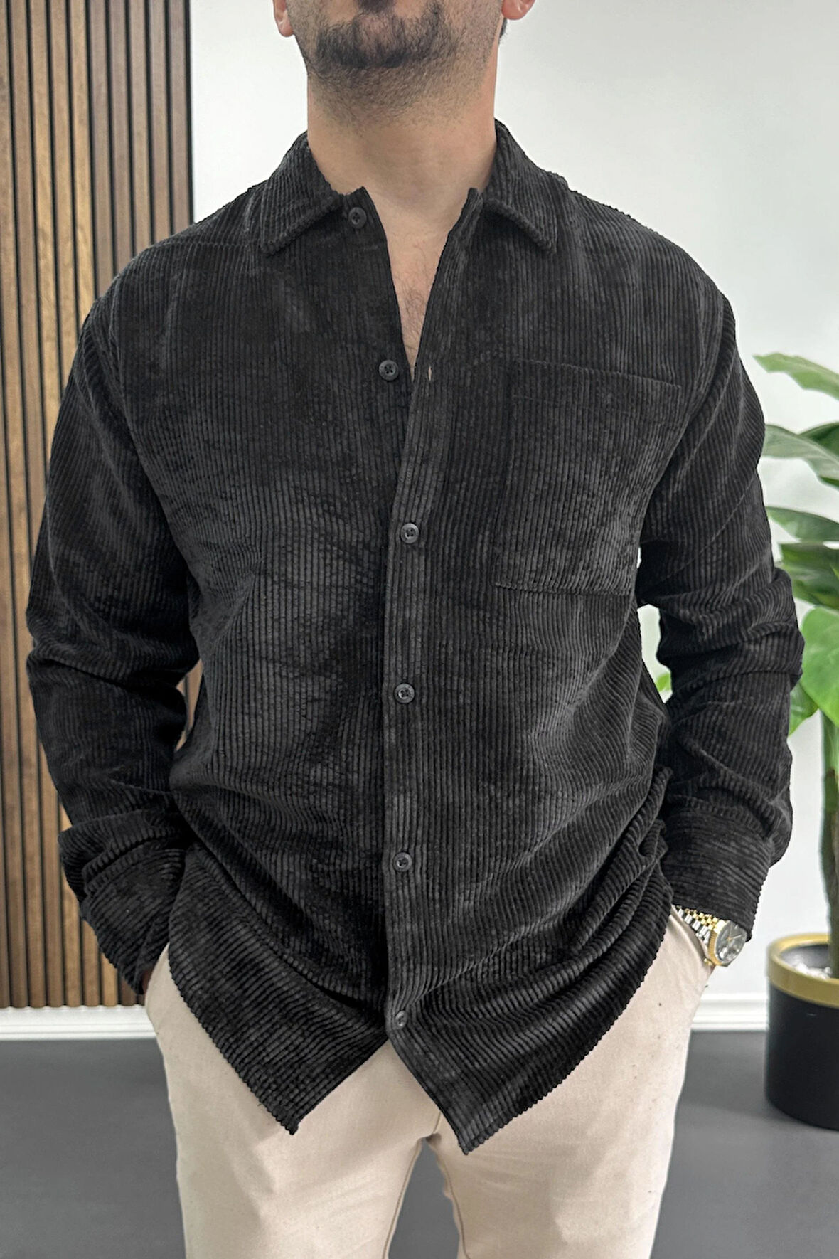 Erkek Kadife Kumaş Gömlek Siyah Edw415