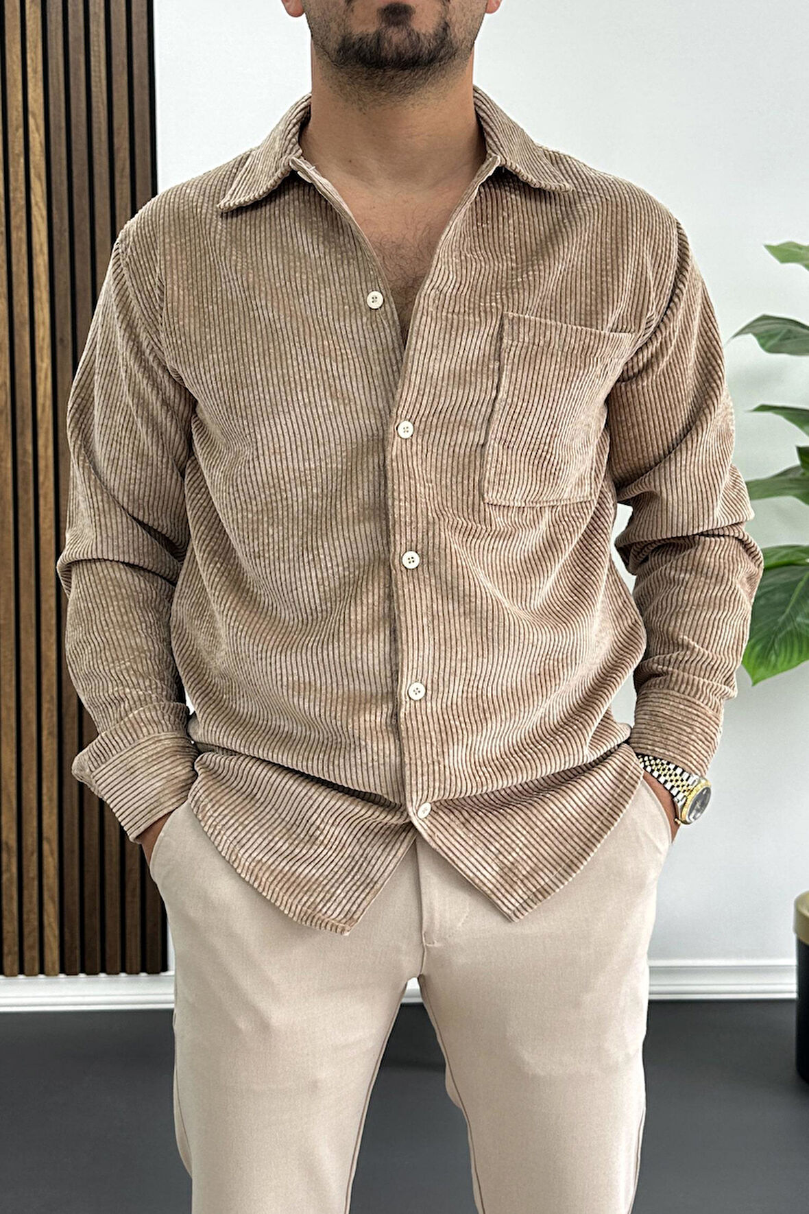 Erkek Kadife Kumaş Gömlek Açık Kahverengi Edw415