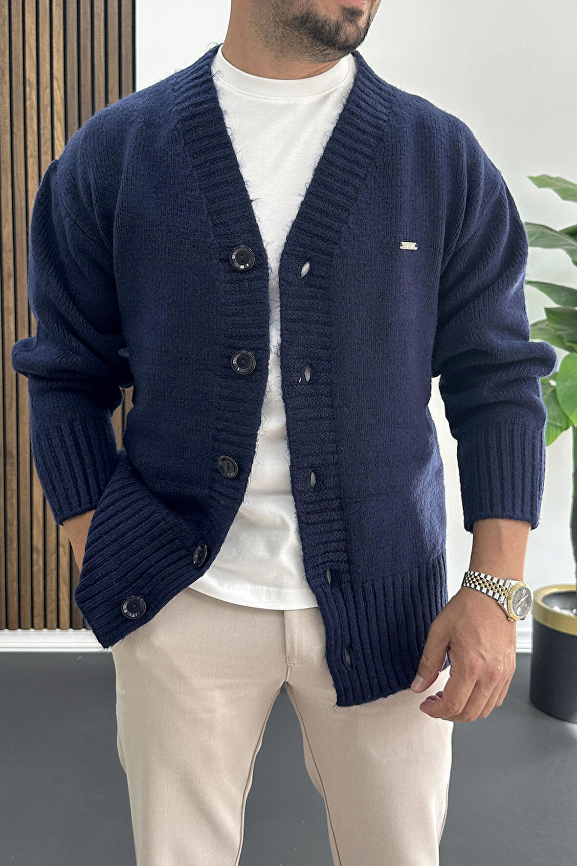 Erkek Düğmeli Rahat Kesim Hırka Lacivert Edw416