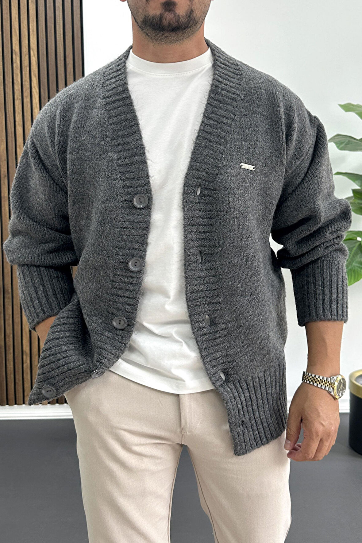 Erkek Düğmeli Rahat Kesim Hırka Antrasit Edw416