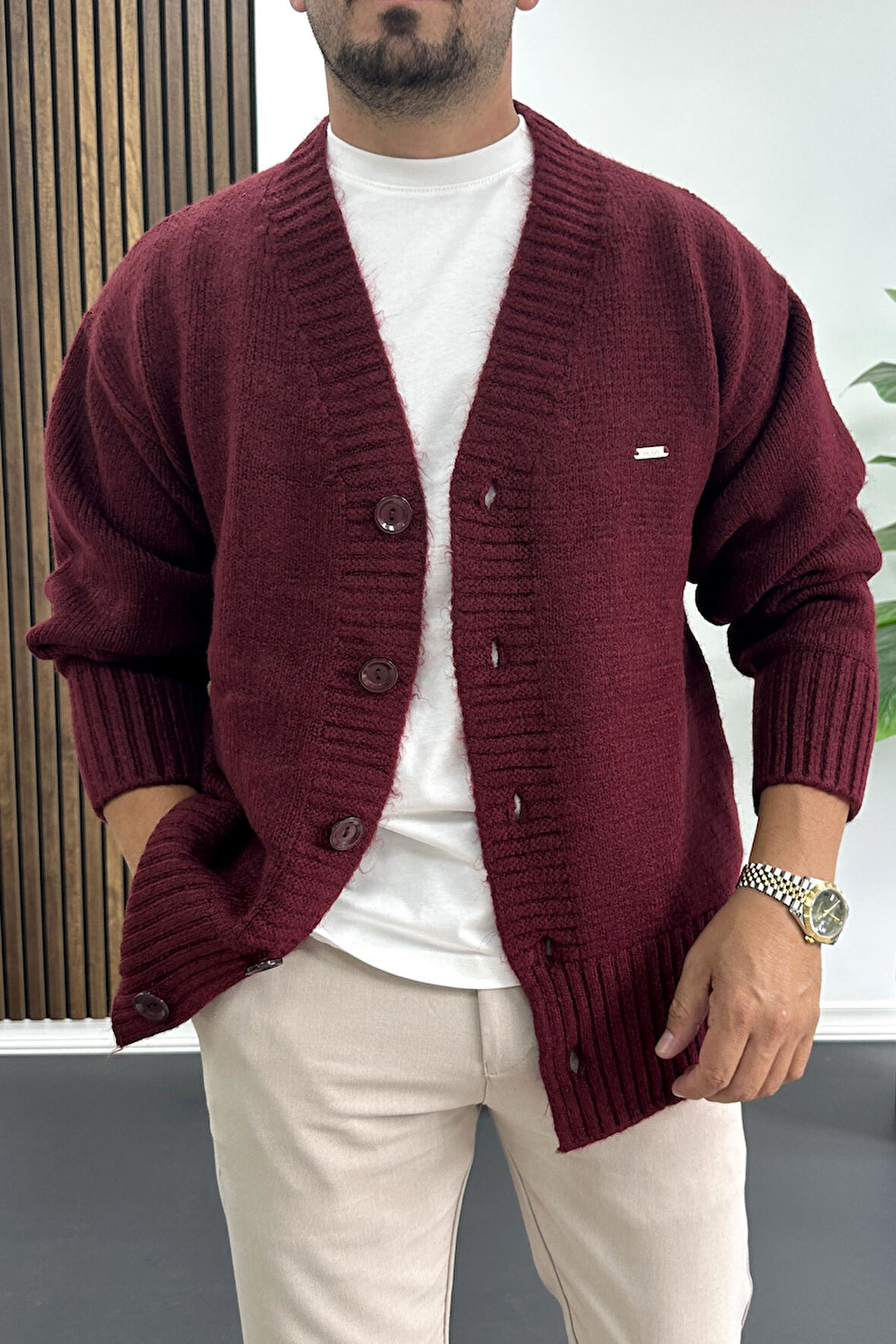 Erkek Düğmeli Rahat Kesim Hırka Bordo Edw416