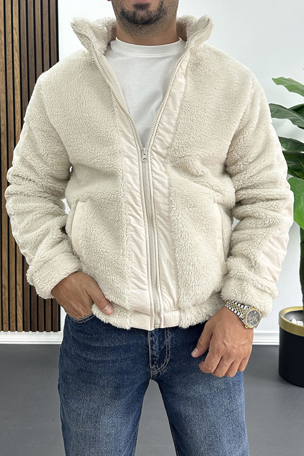 Erkek Normal Kalıp Peluş Mont Beyaz Edw417