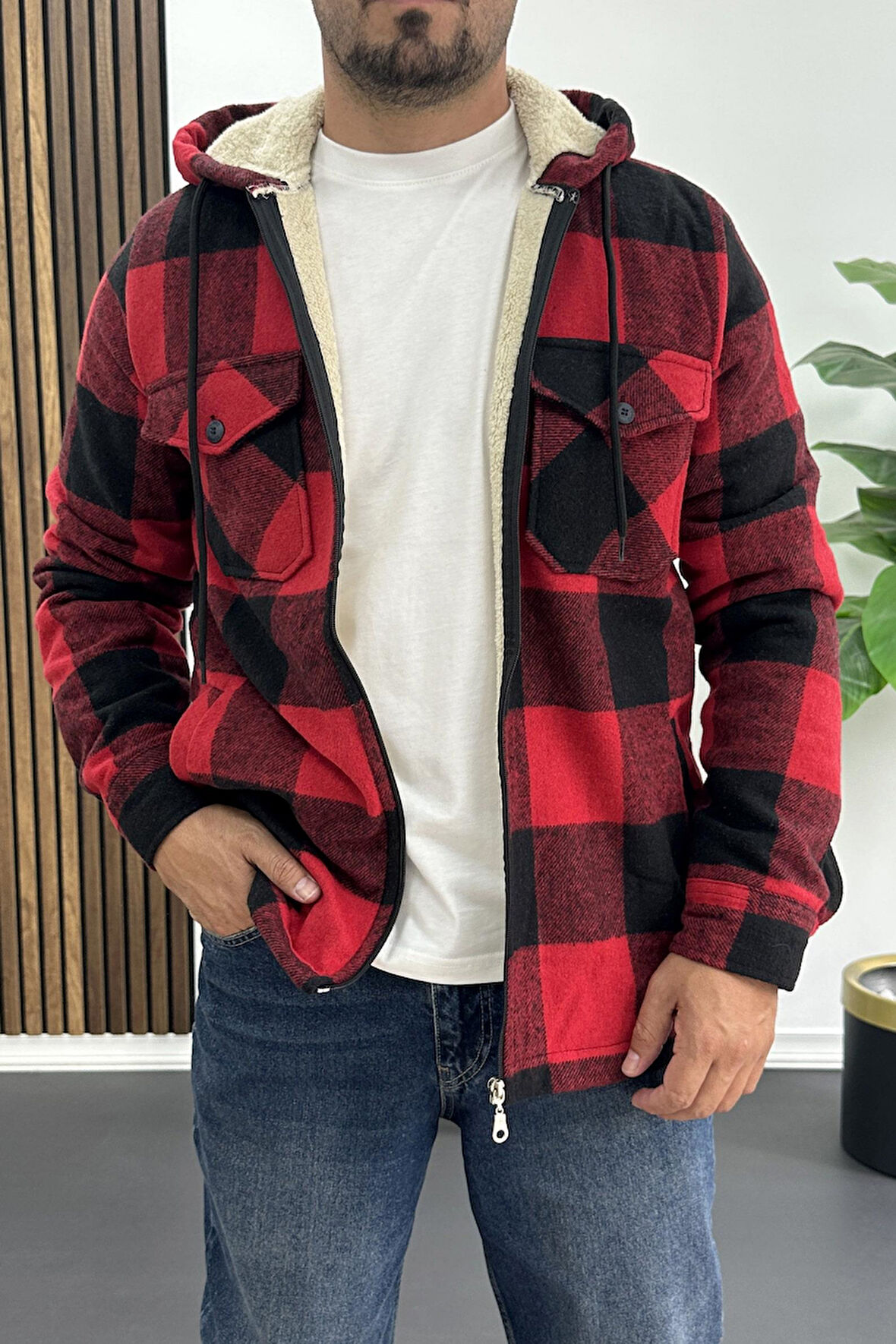 Erkek İçi Kürklü Kapüşonlu Ceket Kırmızı Edw418