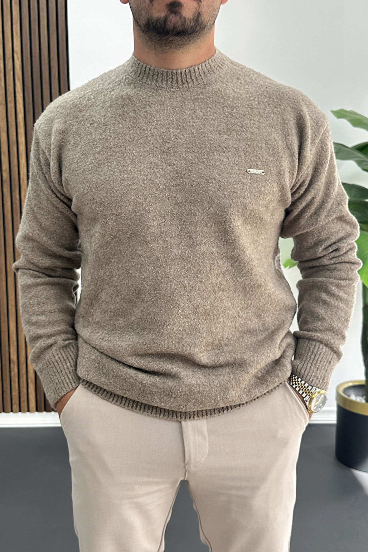 Erkek Bisiklet Yaka Buklet Kumaş Kazak Kahverengi Edw419