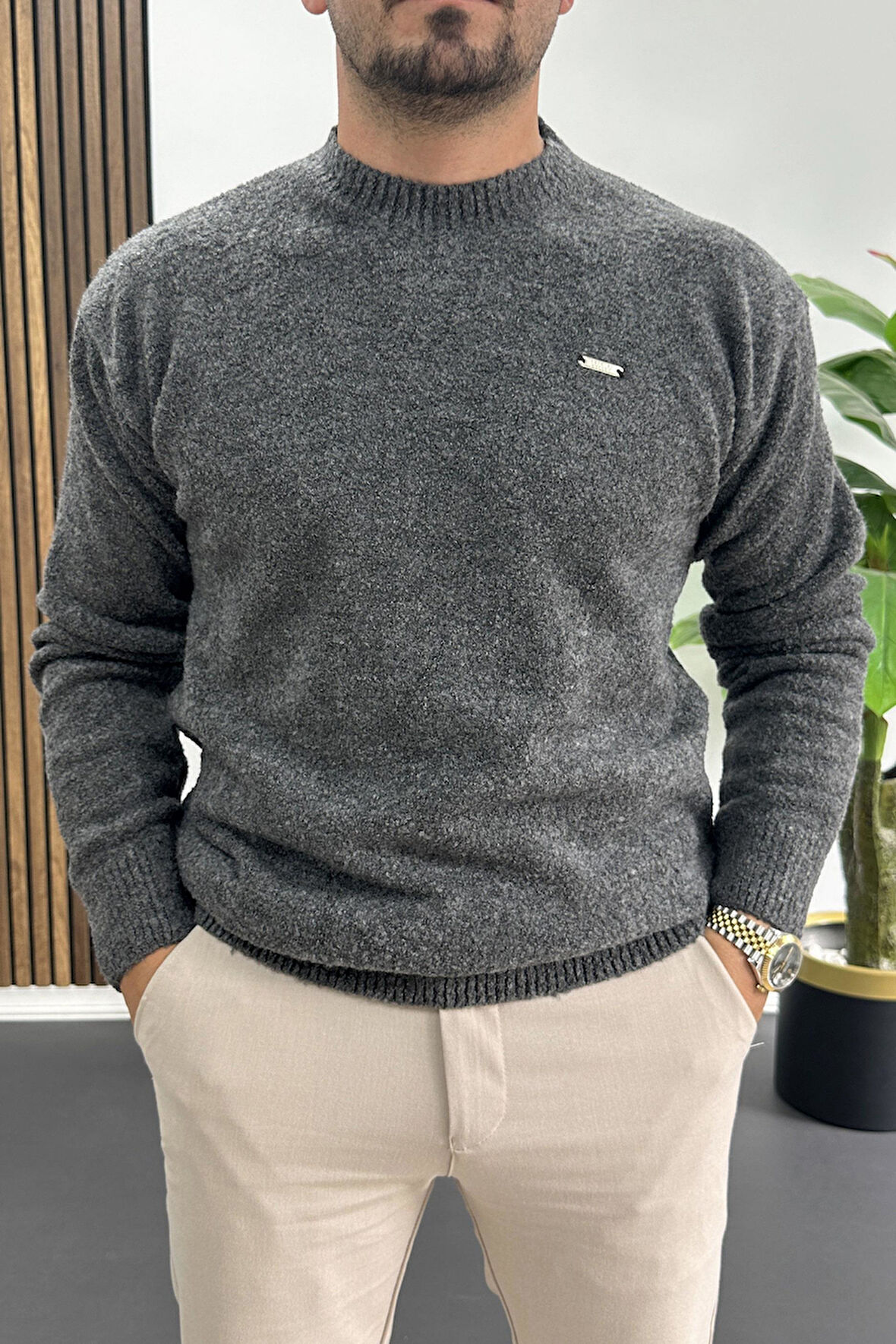 Erkek Bisiklet Yaka Buklet Kumaş Kazak Antrasit Edw419