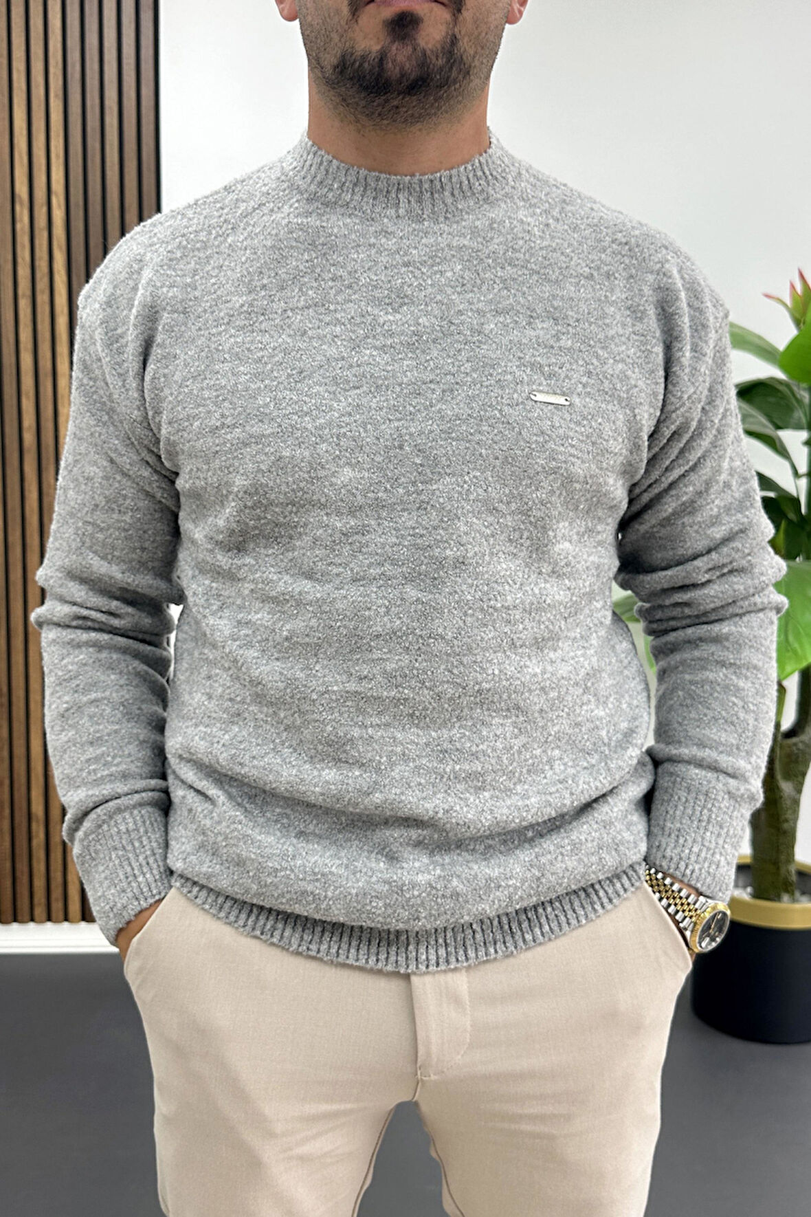 Erkek Bisiklet Yaka Buklet Kumaş Kazak Gri Edw419