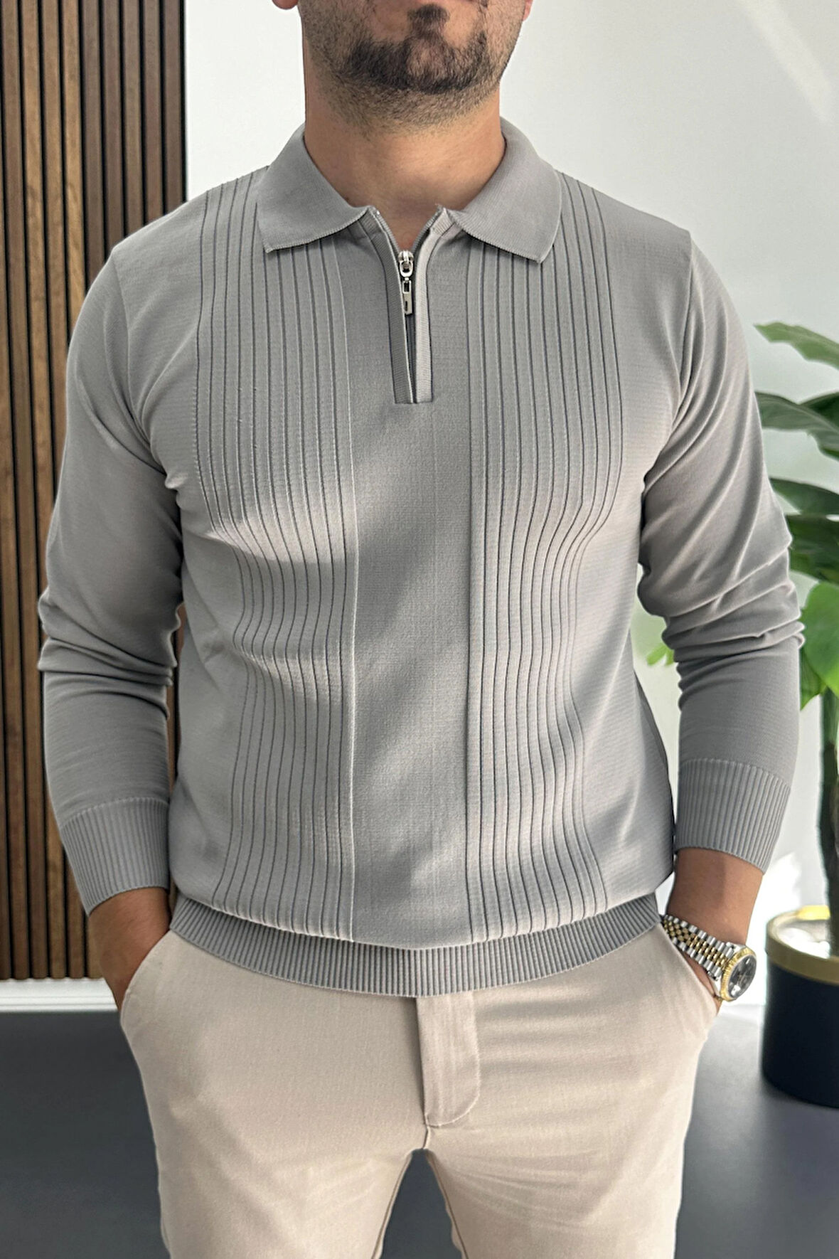 Erkek Çizgi Desenli Normal Kalıp Kazak Gri Edw422